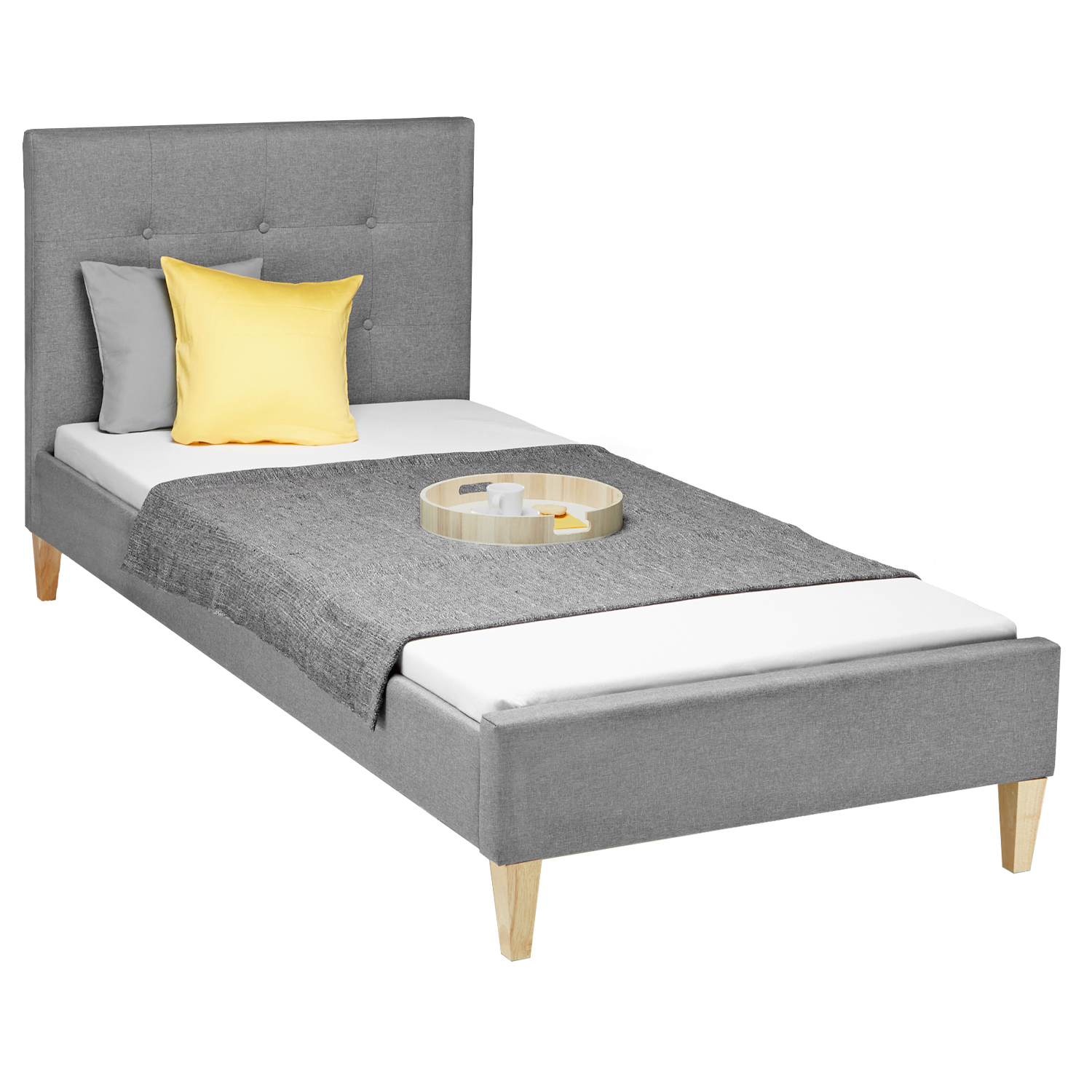 Upholstered Bed 90x200 cm Gray with Mattress & Slatted Base – Single Fabric Bed with Headboard, Complete Set