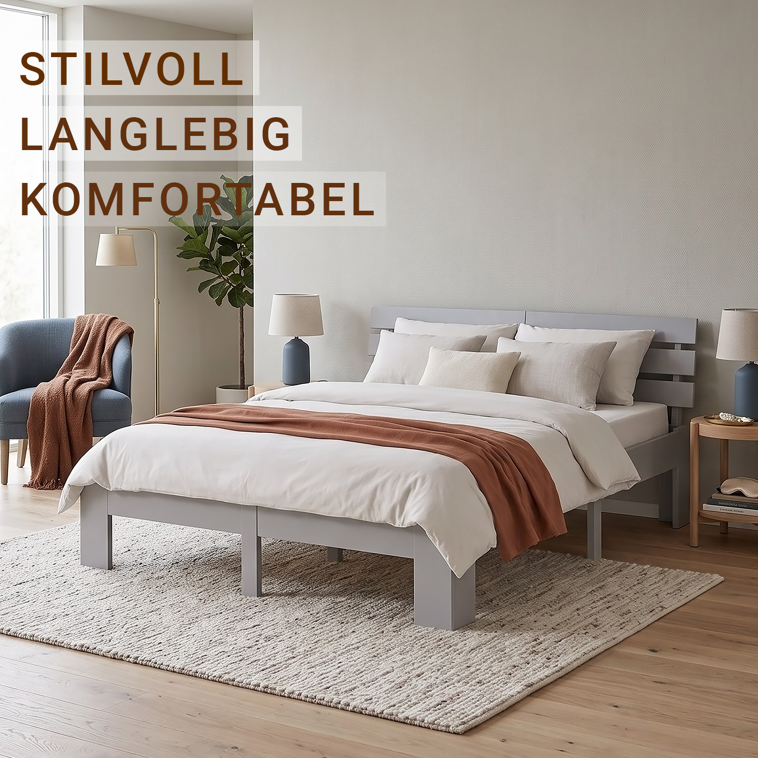 Wood Bed 180x200 cm Grey | Double Bed | with 2 Mattress | Solid | Kids Youth Guest Bedroom