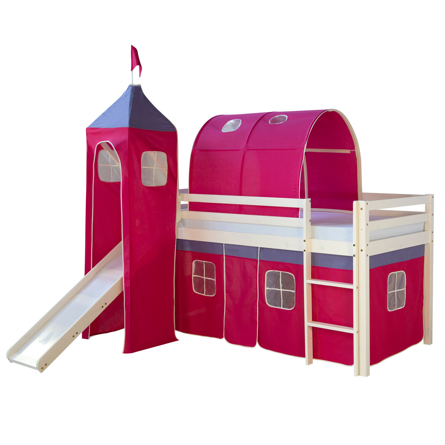 Loft Bed Kids 90x200 cm White with Curtain in Pink | Tunnel | Tower | Slide | without Slatted Frame Loft Bed Kids 90x200 cm White with Curtain in Pink | Tunnel | Tower | Slide | without Slatted Frame