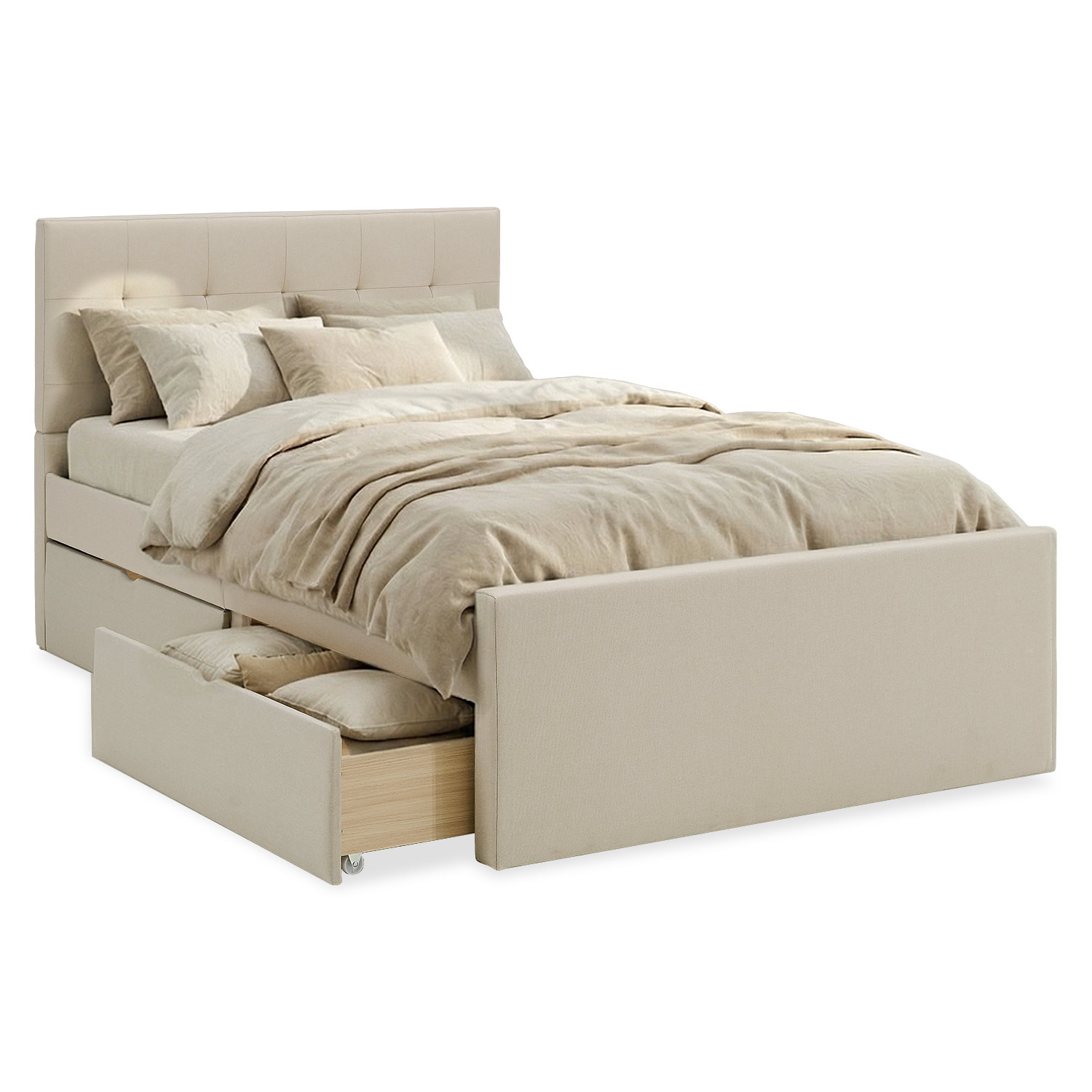 Upholstered bed 120x200 cm beige | with slatted frame | with 2 bed drawers | double fabric bed frame
