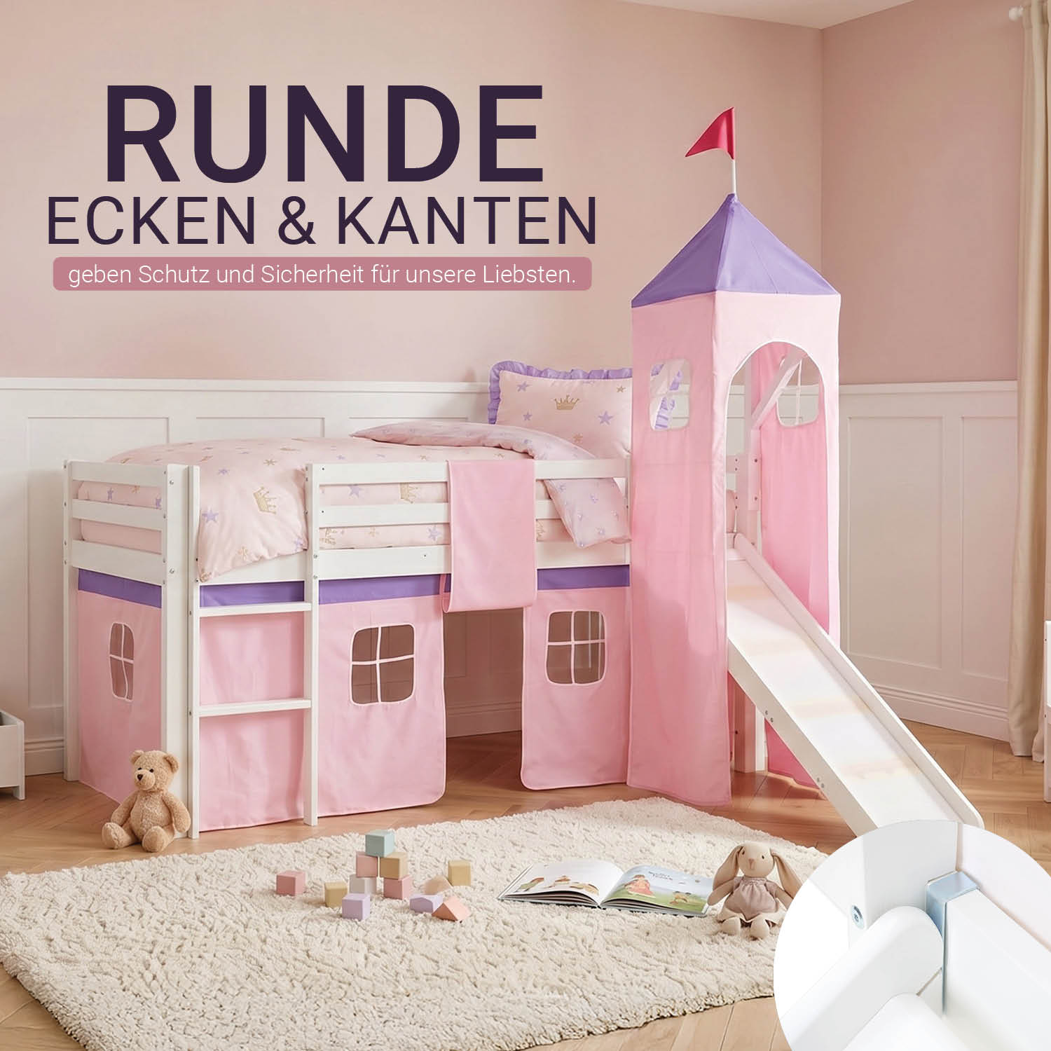 Children's Loft Bed 90x200 cm White with Pink Curtain | Slide | Tower | With Slatted Base | With Mattress