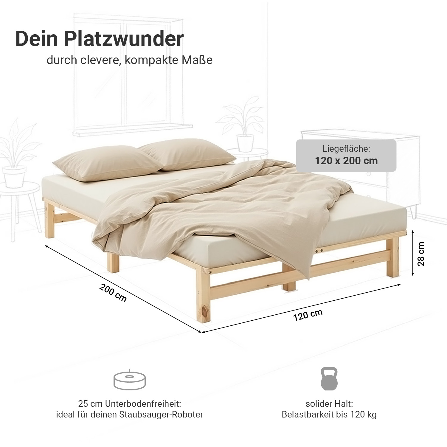 120x200 cm Natural Pallet Bed – Wooden Double Bed with Mattress & Slatted Base for Teen Rooms, Guest Rooms, and Bedrooms