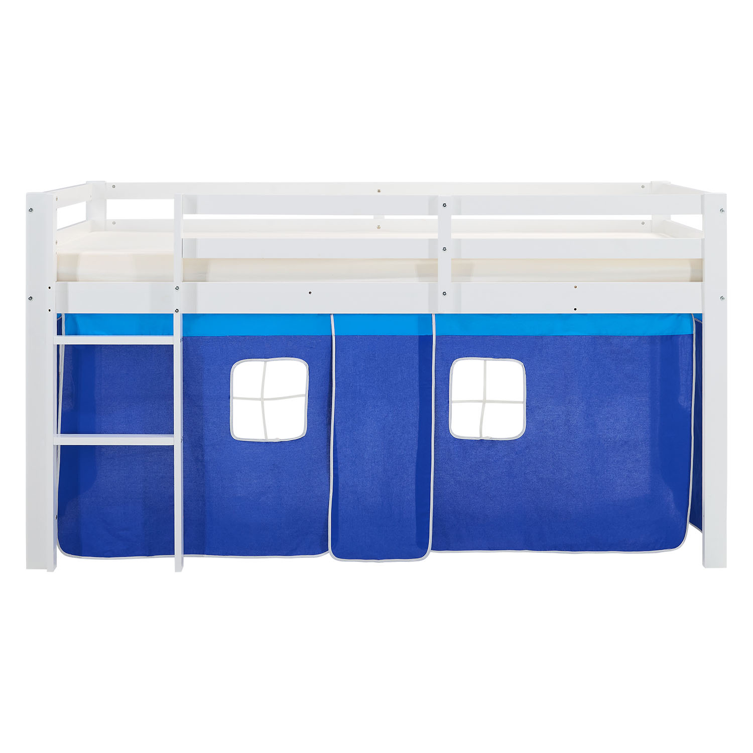 Children's loft bed, 90x200 cm, white with blue curtain | without slatted frame