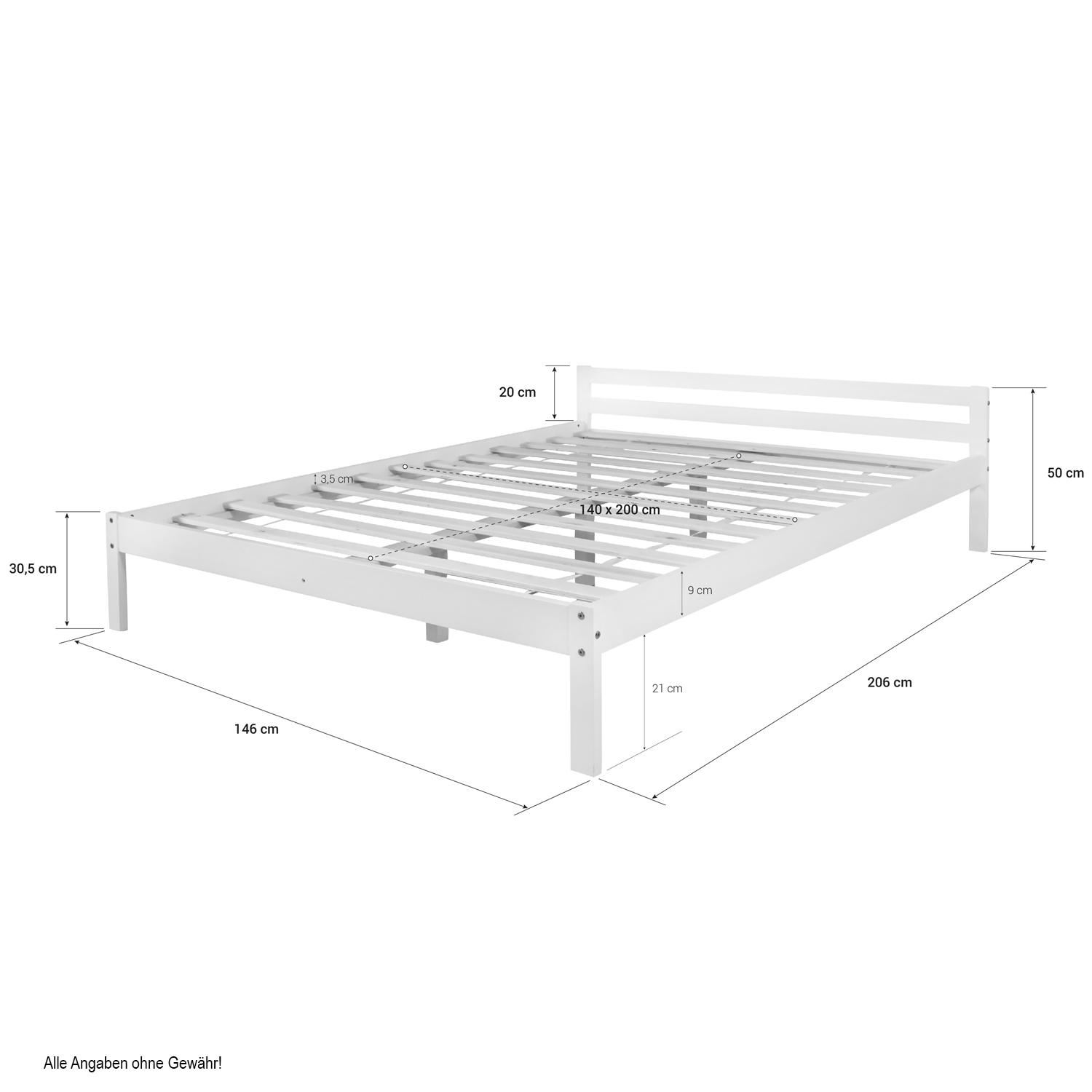 Wooden Bed 140x200 cm White – Solid Wood Double Bed with Slatted Base for Teenagers' Rooms, Guest Rooms, and Bedrooms
