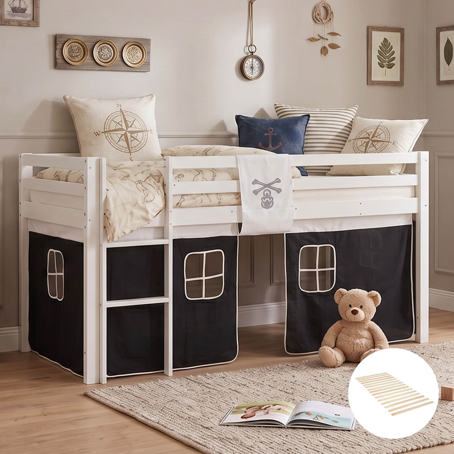 Children's loft bed, 90x200 cm, white with black curtain | includes slatted base