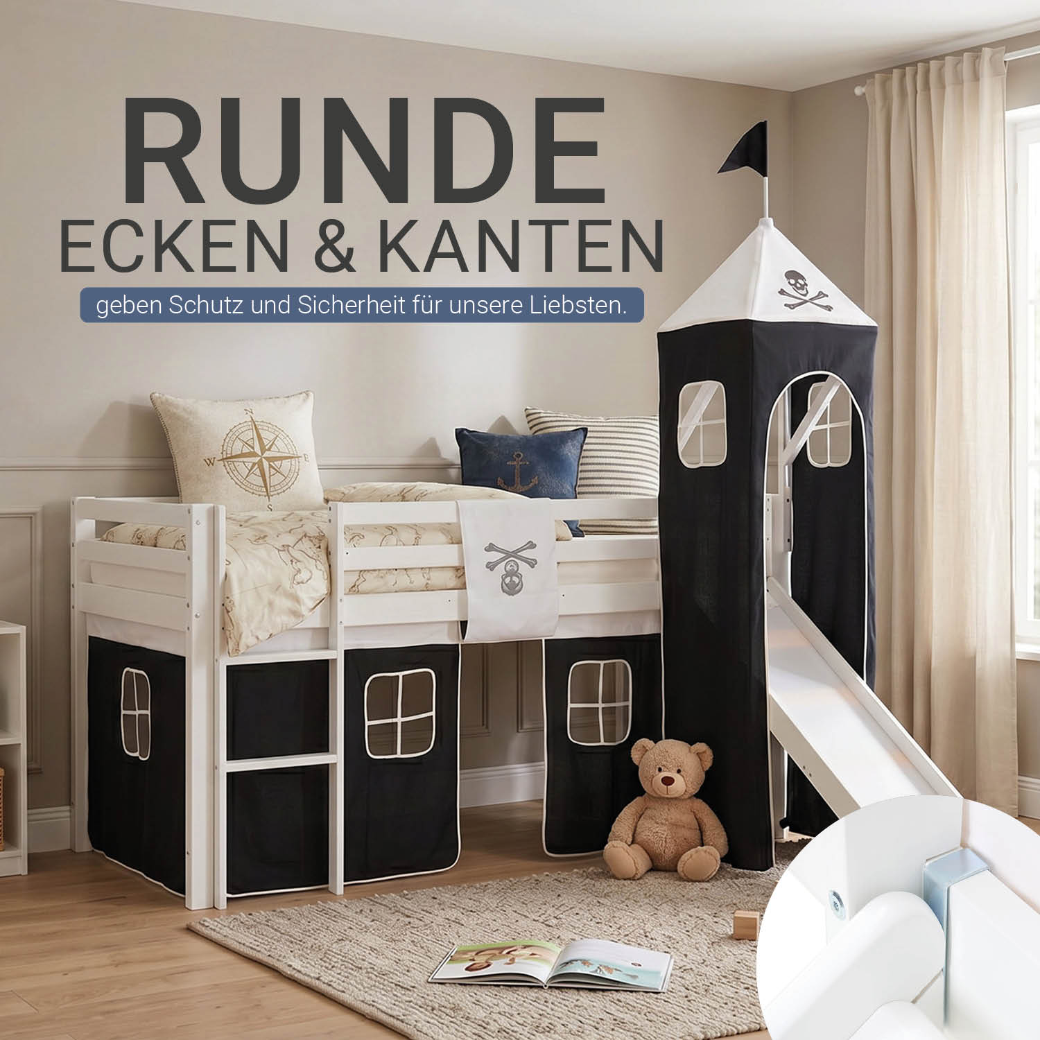 Children's Loft Bed 90x200 cm, White with Black Curtain | Tower | Slide | Without Slatted Base