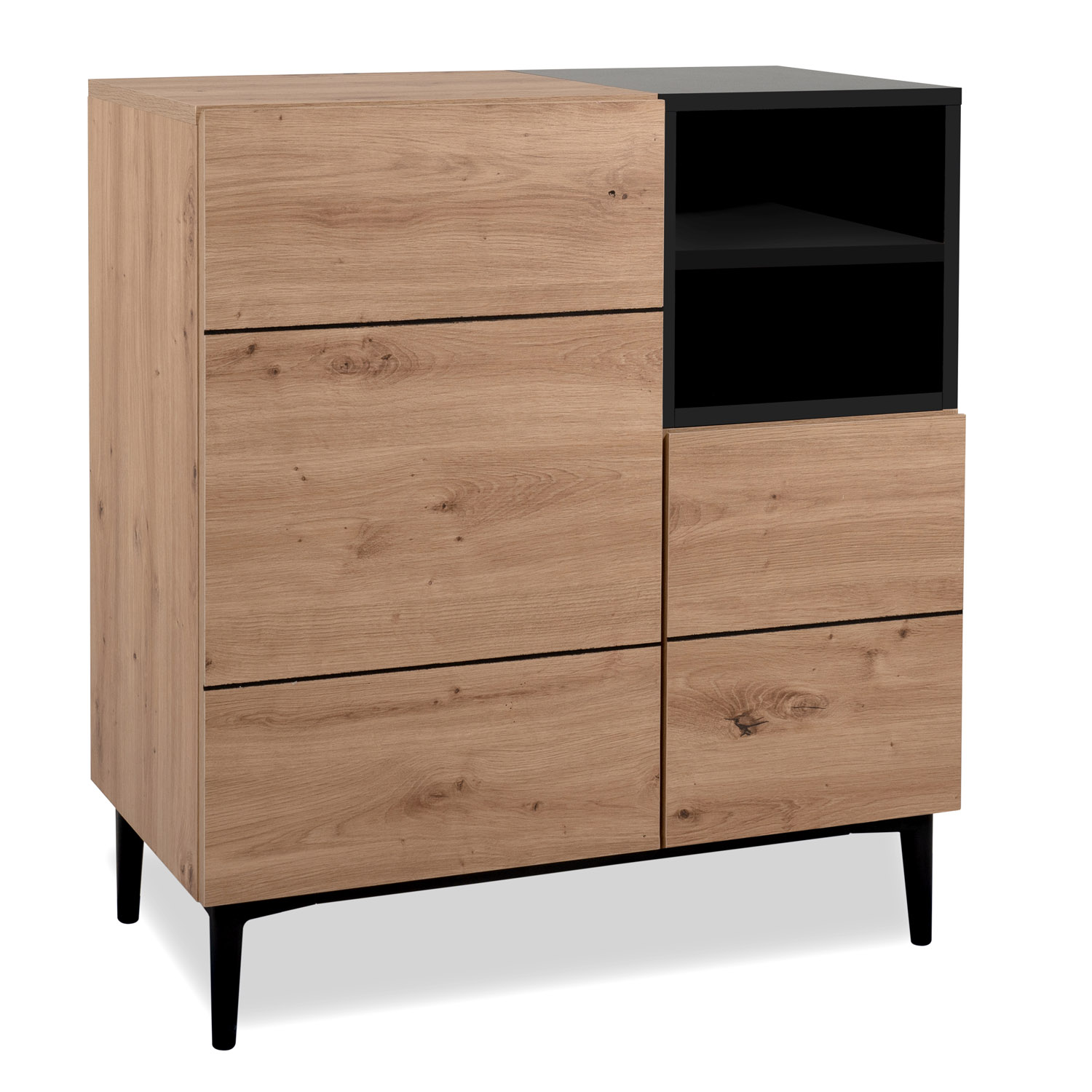 Kommode und Sideboard in Schwarz und Naturholzfarbe mit Oberflächen in Eichenoptik. In der eingerichteten Szene sind helle Vorhänge, grüne Pflanzen und Bilderrahmen zu sehen.
