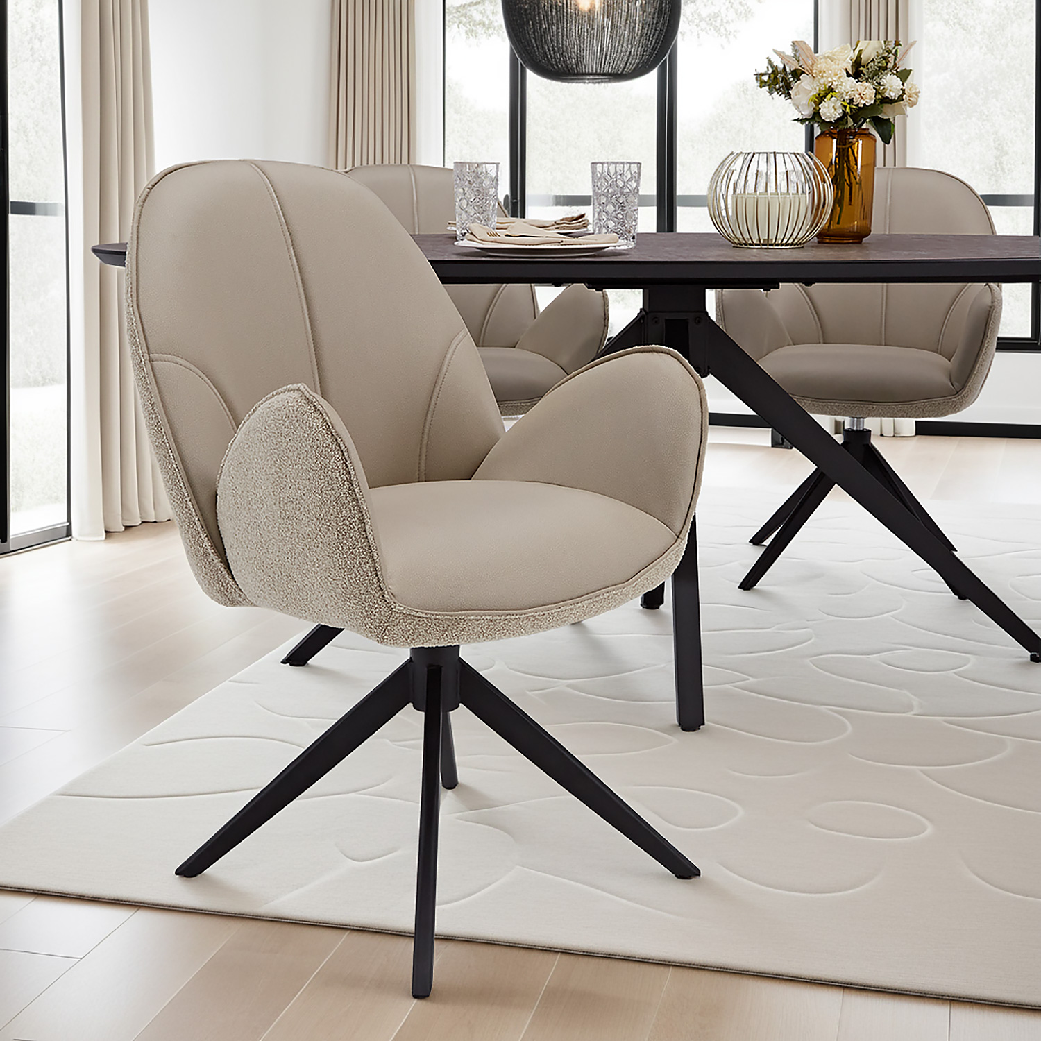 Dining Chair Set of 6 Modern Egg Chairs Bouclé Leather Beige Armchairs Dining Room Chairs Upholstered Chairs Eames Chairs