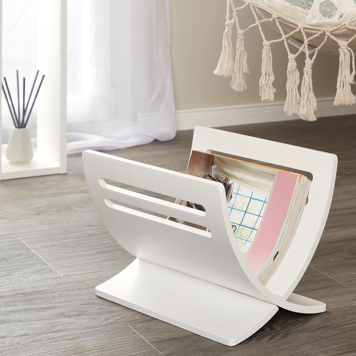 Newspaper Rack White Natural Brown Magazine Holder