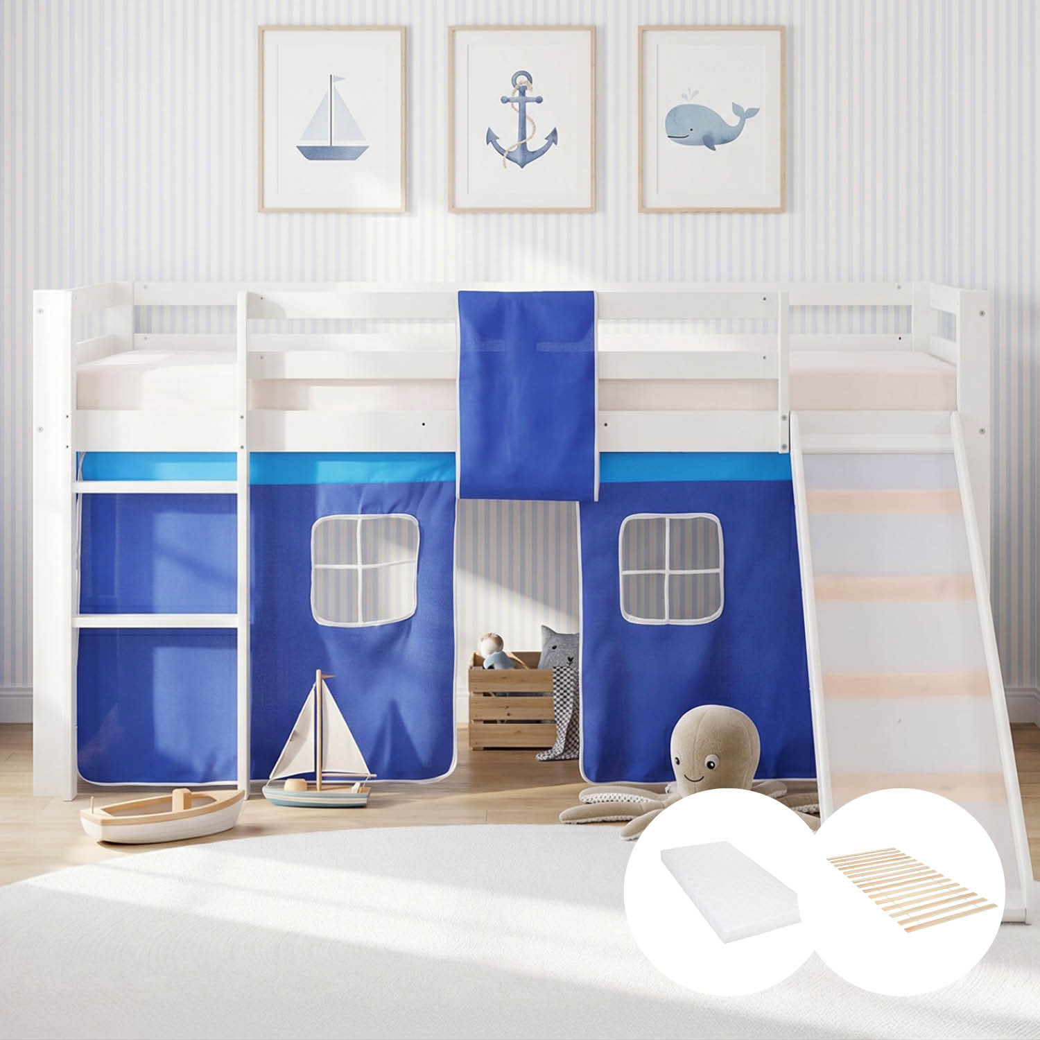 Children's Loft Bed 90x200 cm White with Blue Curtain | Slide | Includes Slatted Base | Includes Mattress