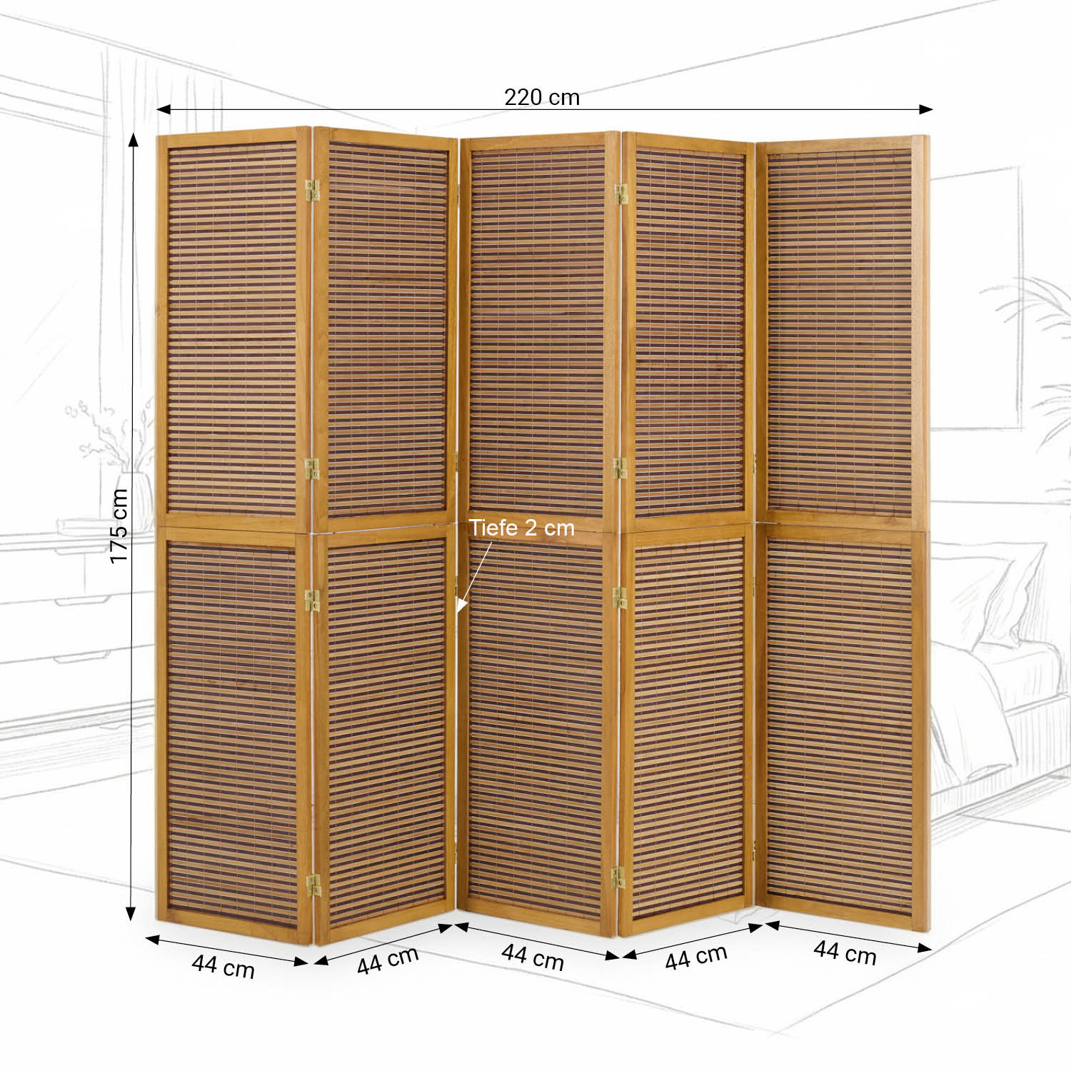 Paravent Brown Wooden Slats | 5-panel | Wood | Room Divider Partition Privacy Screen