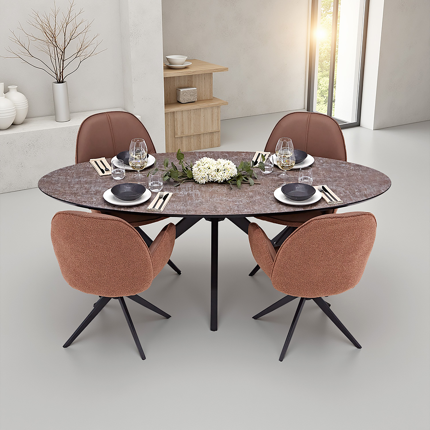 Dining set | 4-piece set upholstered chairs brown bouclé Leder with armrest | swivel | dining table brown metal frame oval 200 cm