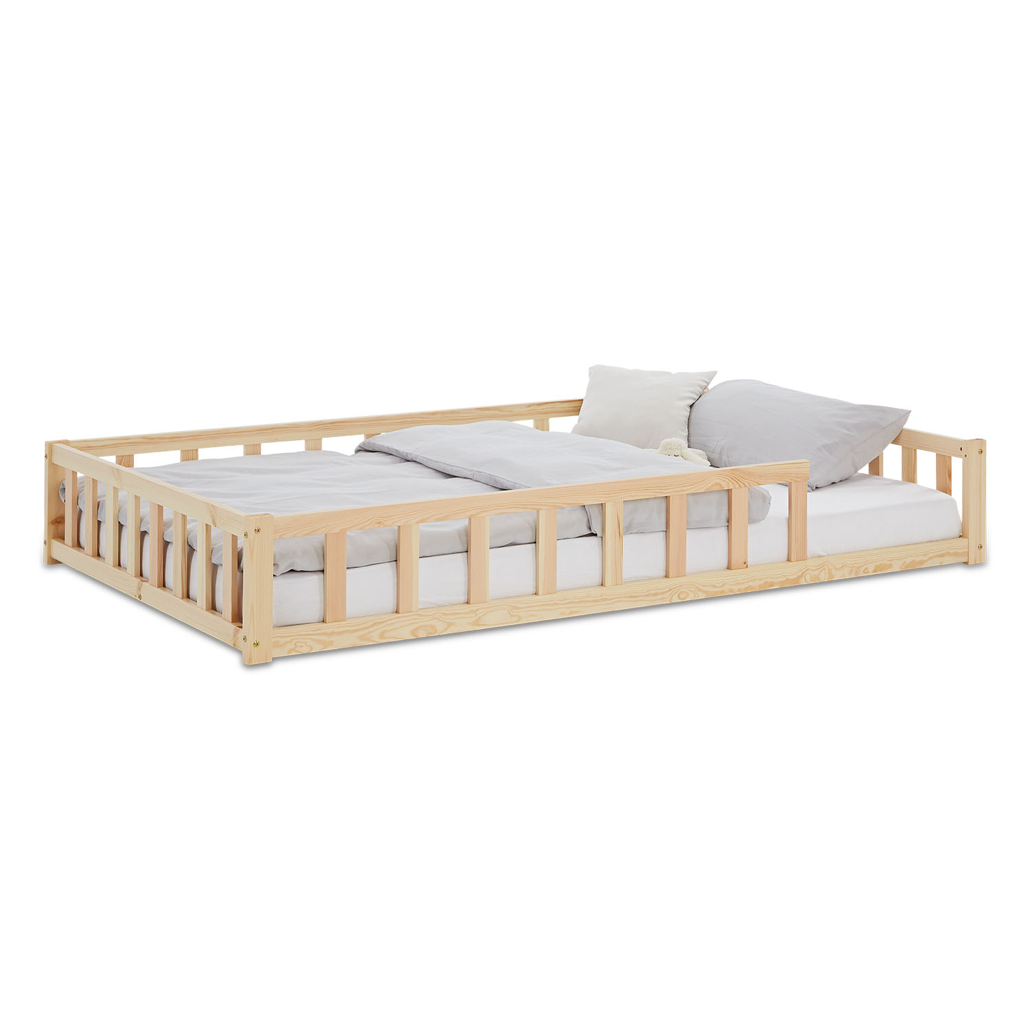 Children's Bed 120x200 Natural | Floor Bed with Slatted Frame | with Fall Protection | Montessori