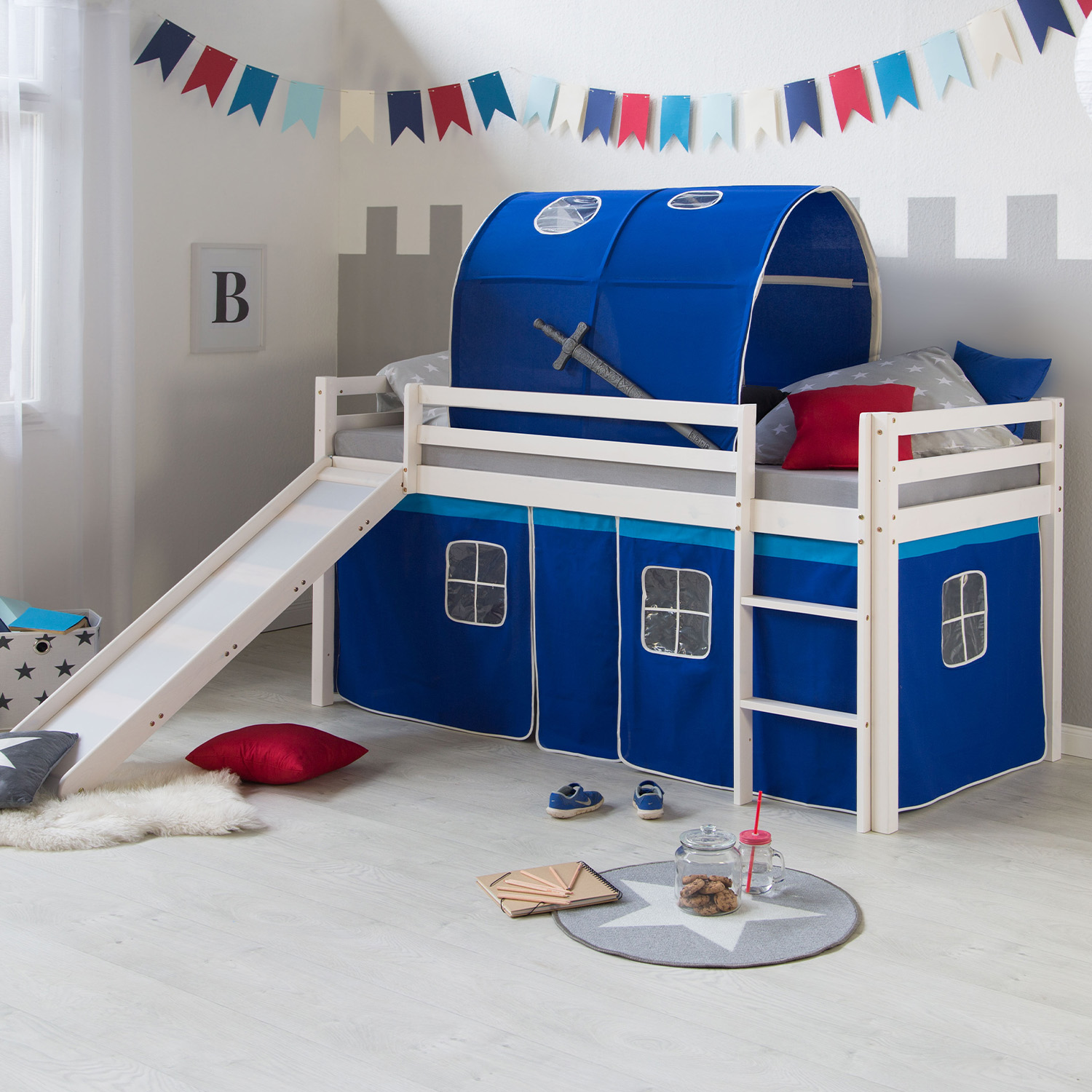 Loft Bed Kids 90x200 cm White with Curtain in Blue | Tunnel | Slide | with Slatted Frame Loft Bed Kids 90x200 cm White with Curtain in Blue | Tunnel | Slide | without Slatted Frame