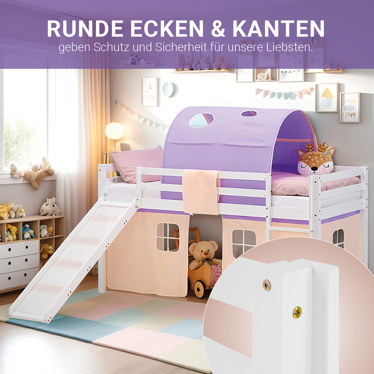 Loft Bed for Kids 90x200 cm White with Curtain & Tunnel in Lilac Beige | Slide | with Slatted Frame and mattress