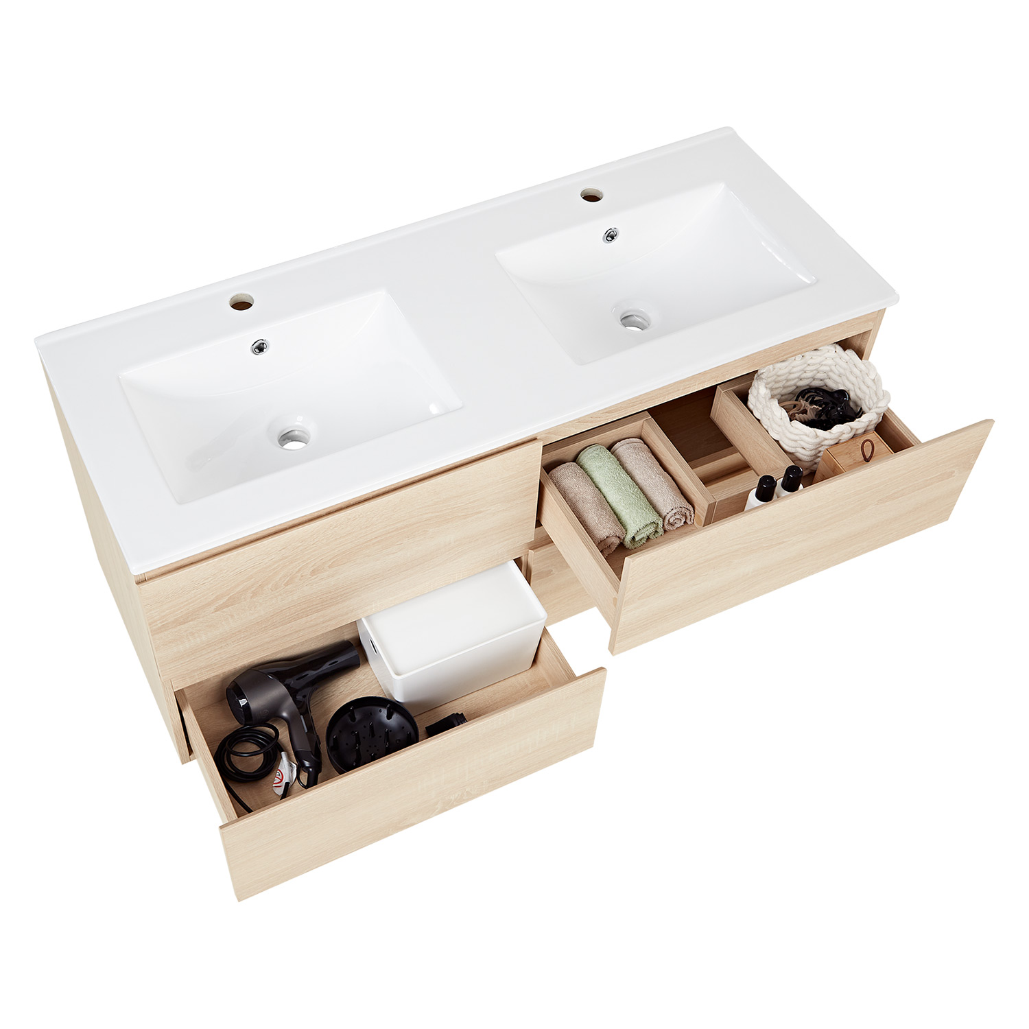 Bathroom cabinet 120 cm Natural Wood Oak Storage Vanity unit Bathroom furniture Double Sink unit Washroom wall cabinet 
