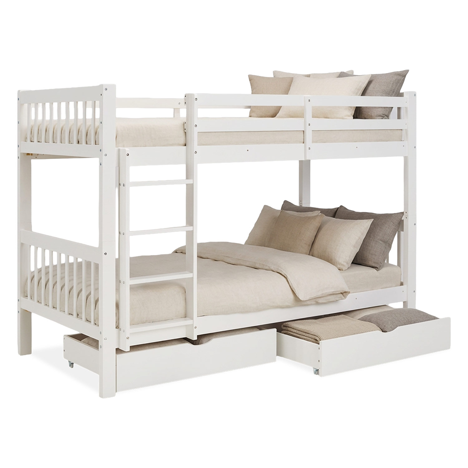 White Bunk Bed 90x200 cm | Children’s Bed with Mattress | with 2 Underbed Drawers | Slatted Base Included | Safety Guard | Convertible | Solid Wood