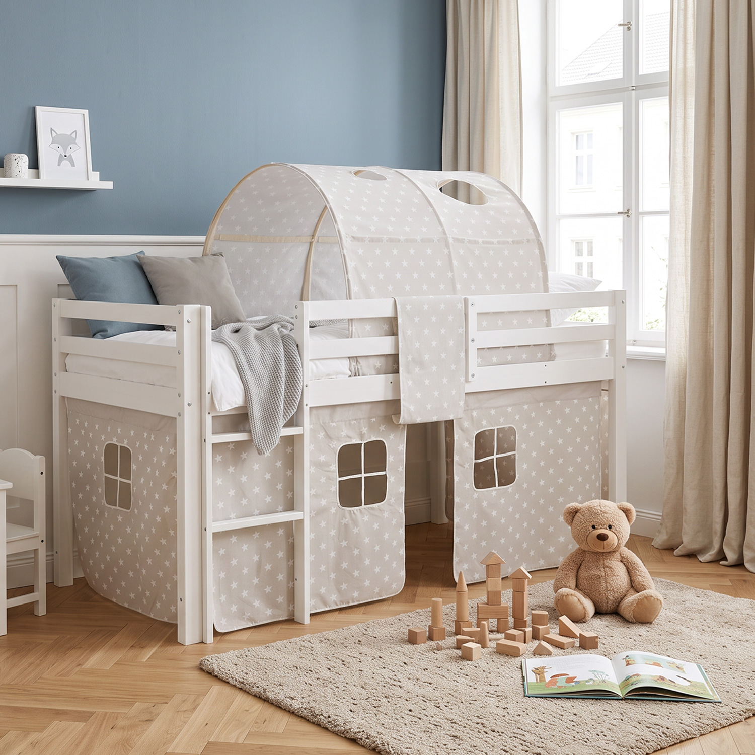 Children's Loft Bed 90x200 cm White with Star Curtain | Tunnel | Without Slatted Base