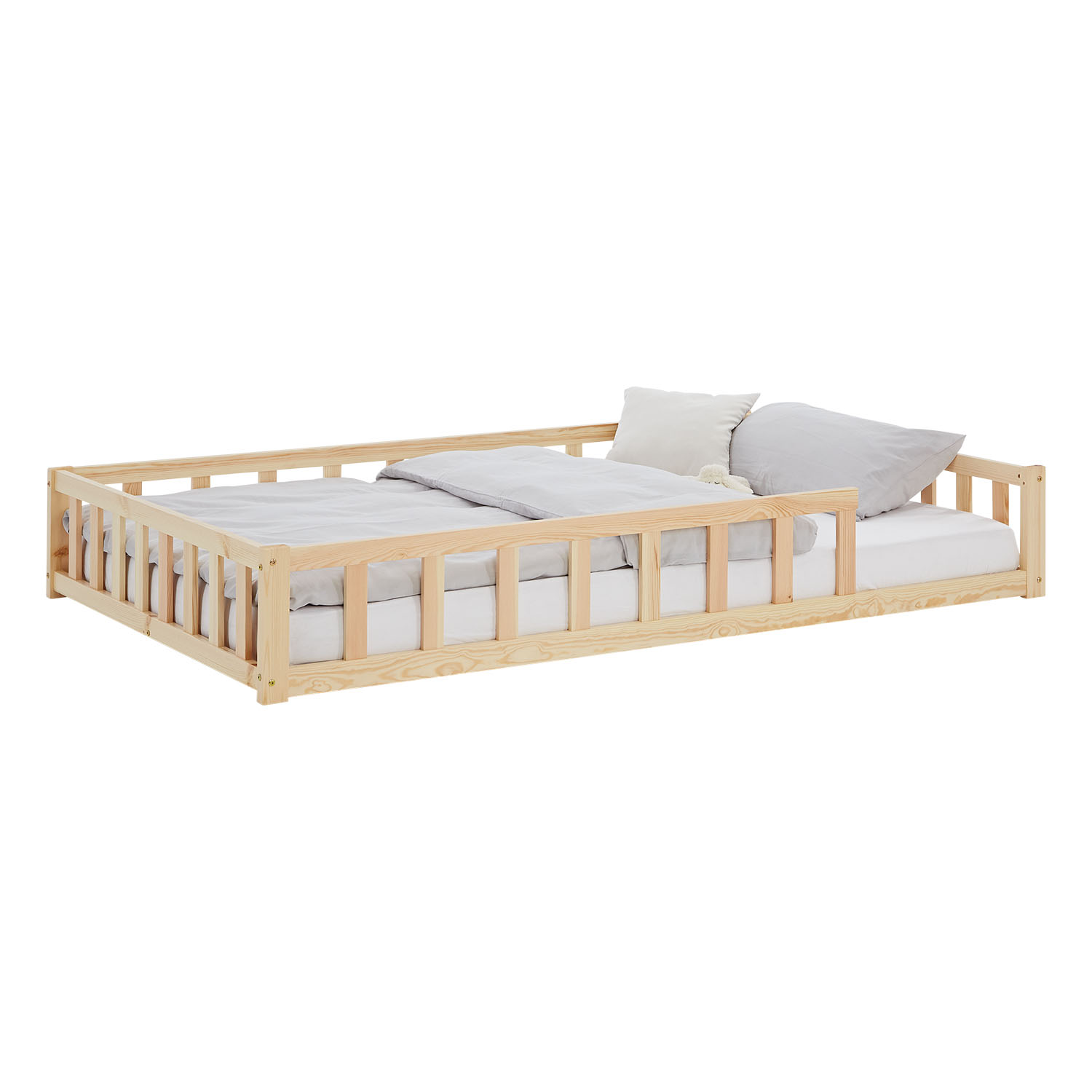 Children's Bed 120x200 Natural | Floor Bed with Slatted Frame | with Fall Protection | Montessori