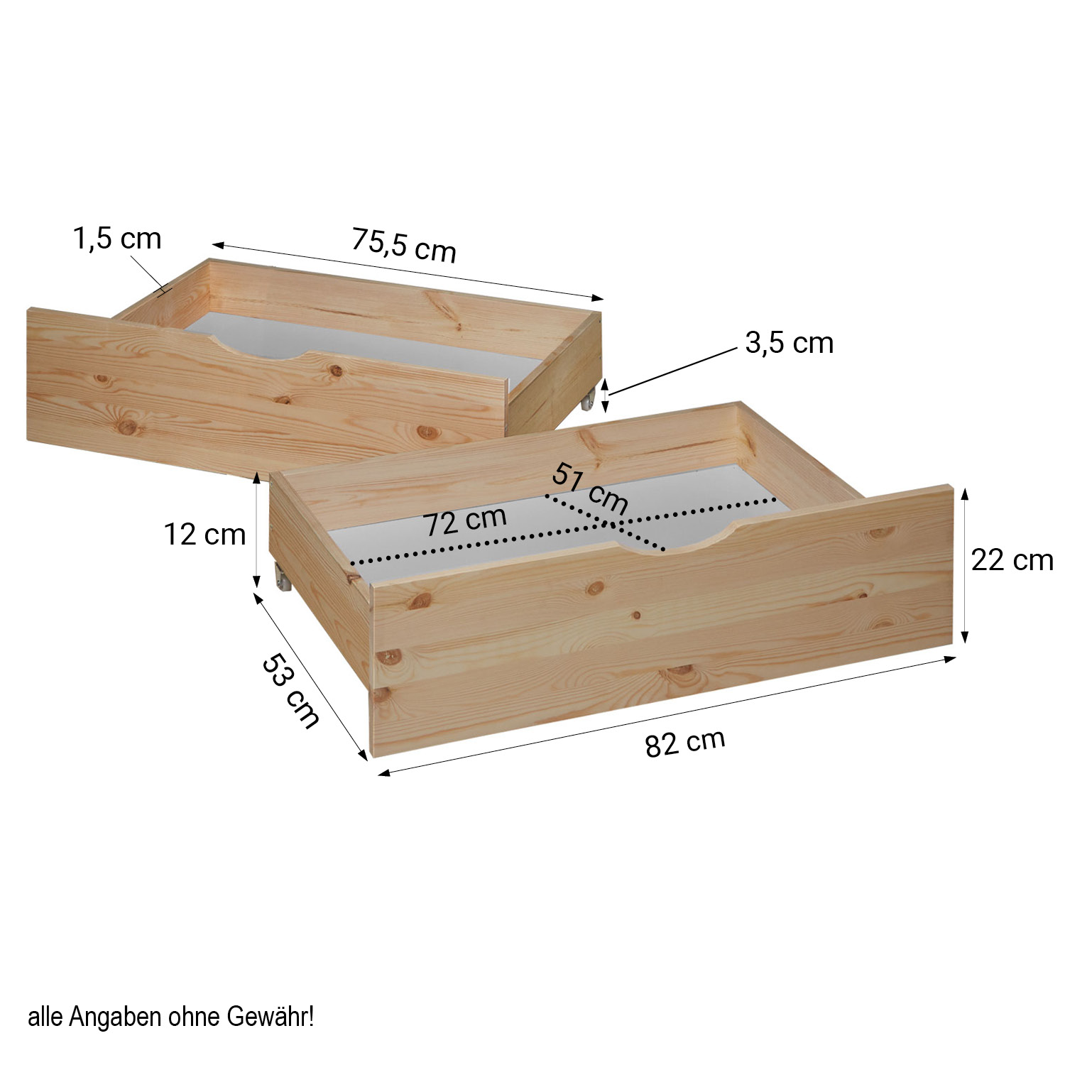 Bed Drawer Set of 2 Drawers Wood Storage with Rollers Pull-out Bed Box Natural