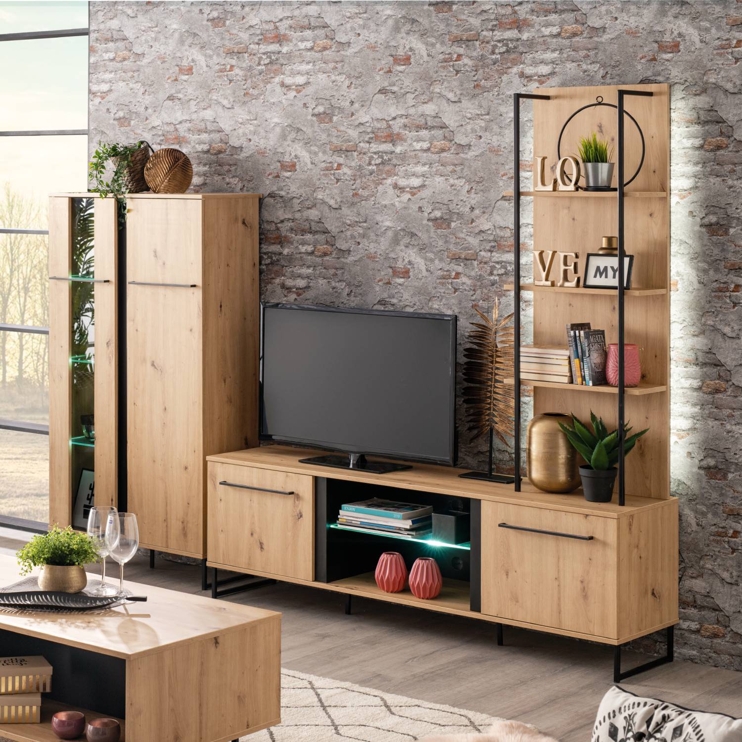 Modern Living Room Unit Cupboard Set Wall Unit 3-Piece TV Set with Storage Entertainment Center Industrial Style