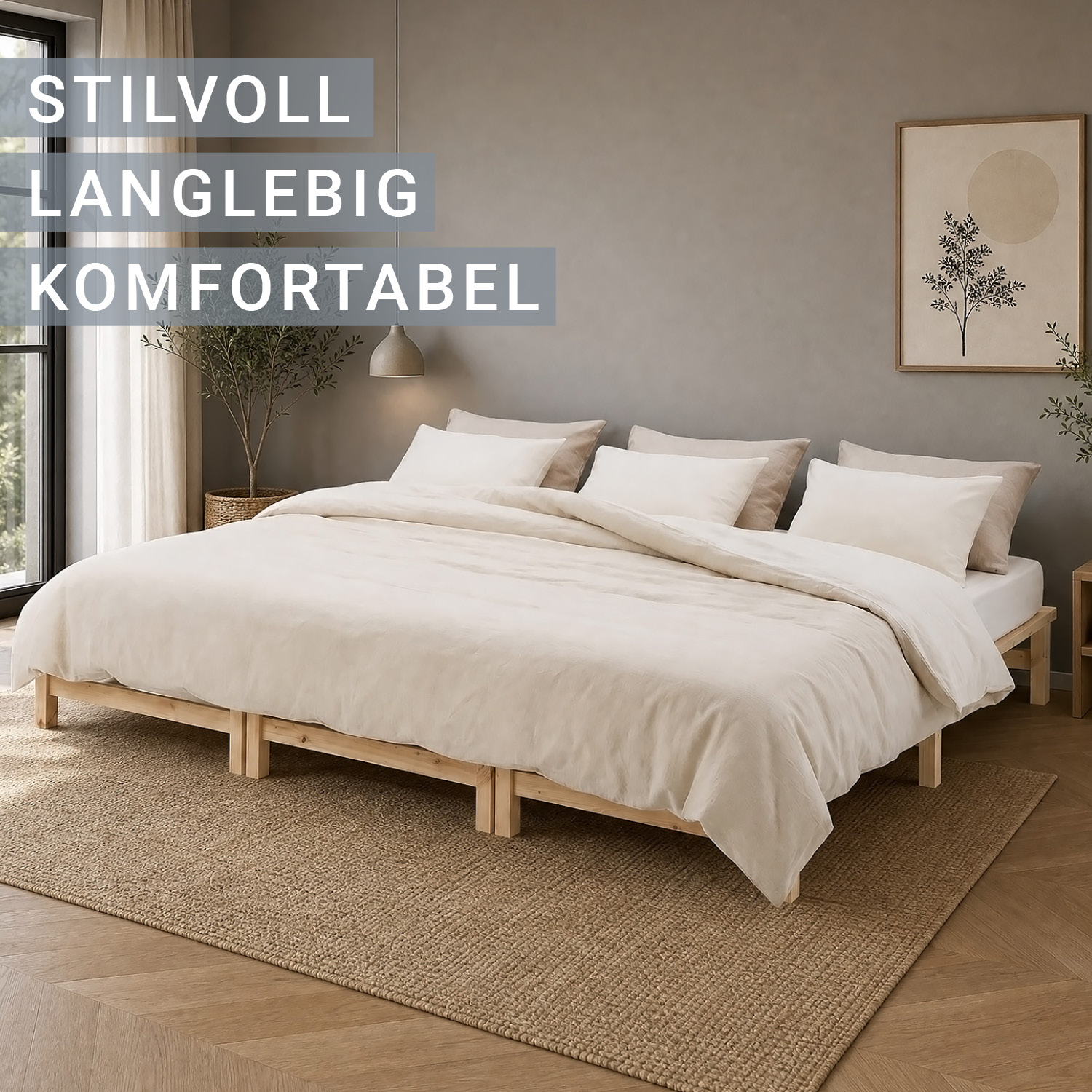 Family Bed 270x200 cm Natural | Maxi Pallet Bed XXL | with slatted frame | Wood | Can also be placed individually