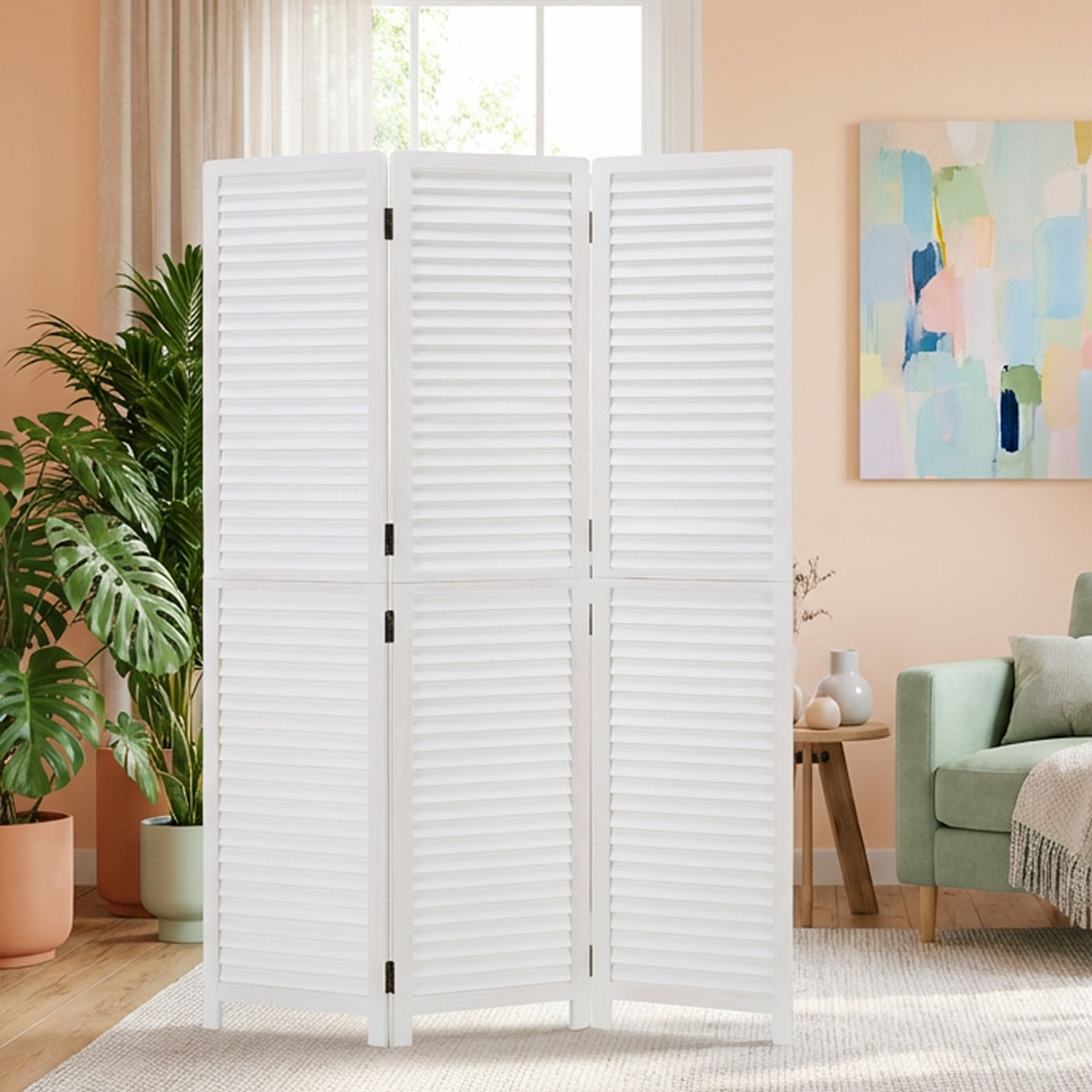 Paravent White Wooden Slats | 3-panel | Wood | Room Divider Partition Privacy Screen