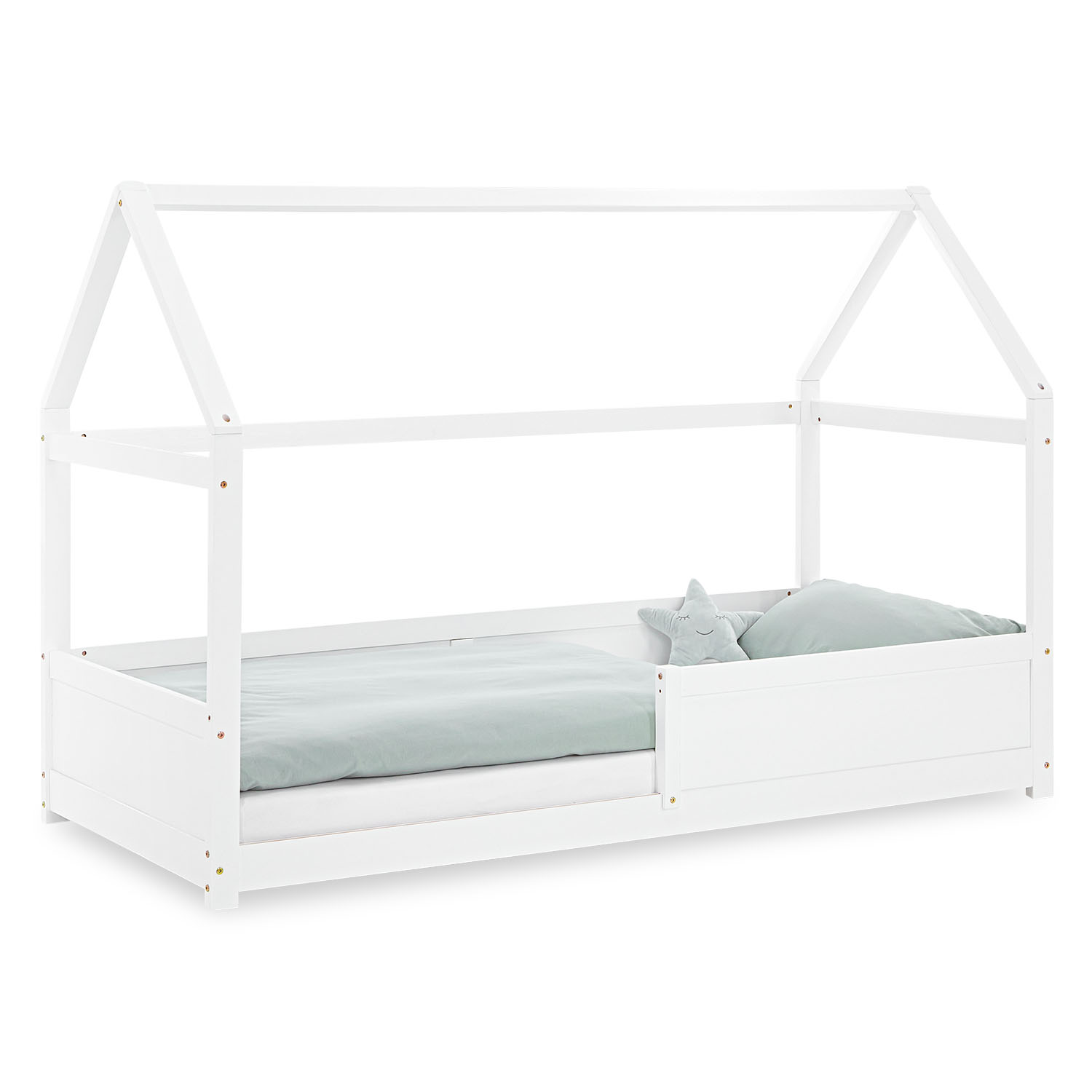 Children's Bed 90x200 cm White | House Bed with Fall Protection | Montessori | Single Bed | with Slatted Frame | Wood