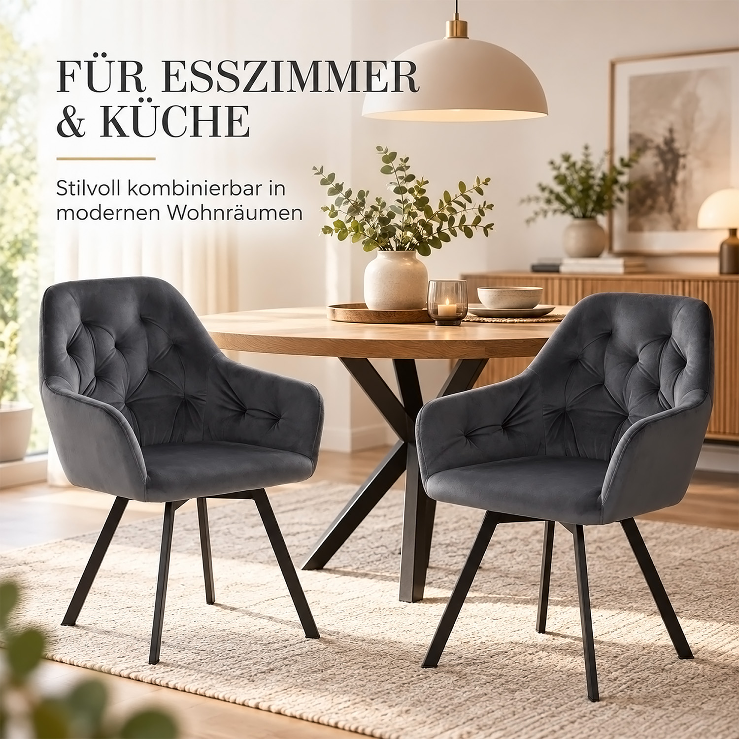Set of 2 swivel upholstered chairs in gray velvet with armrests – Elegant dining chairs