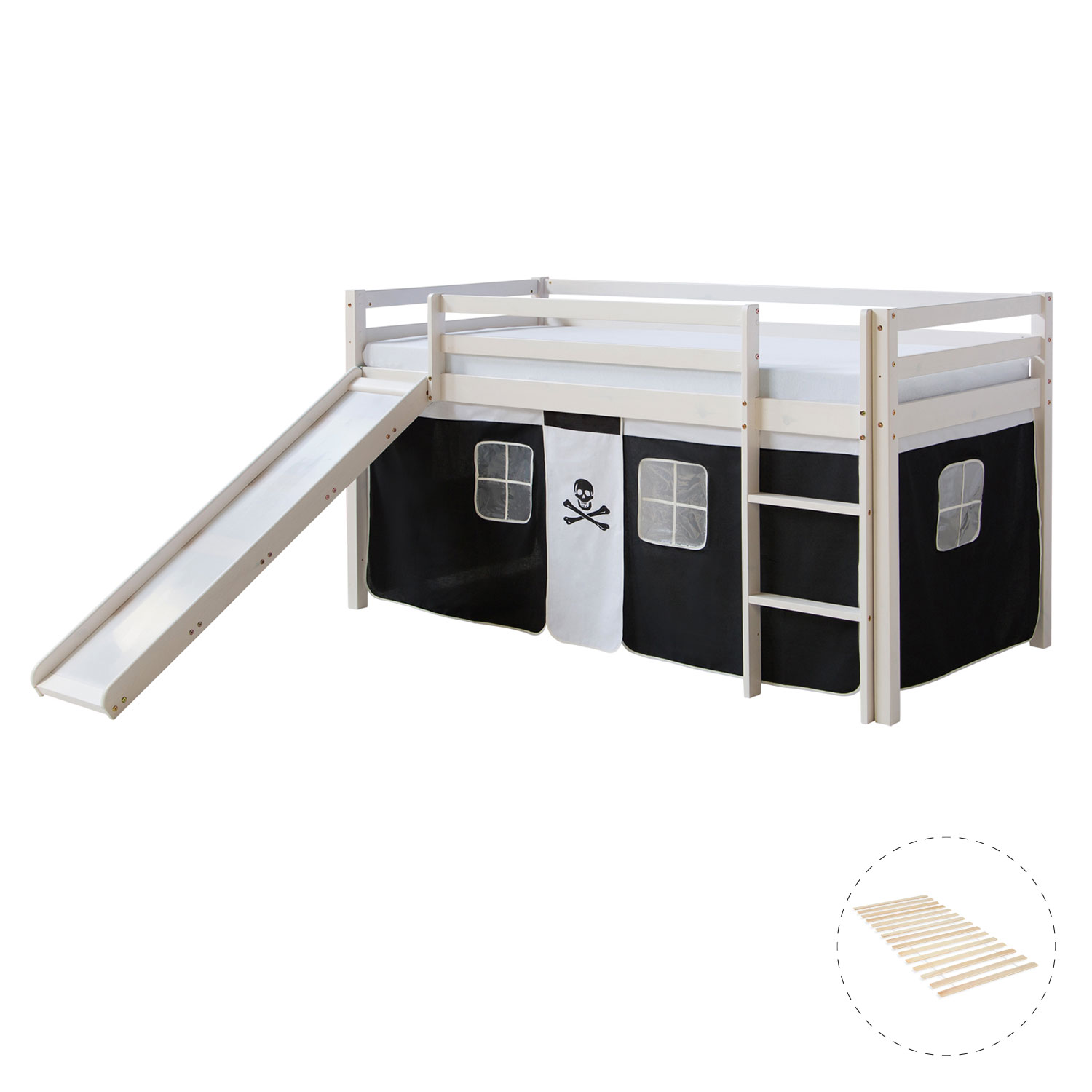 Loft Bed Kids 90x200 cm White with Curtain in Black | Slide | with Slatted Frame