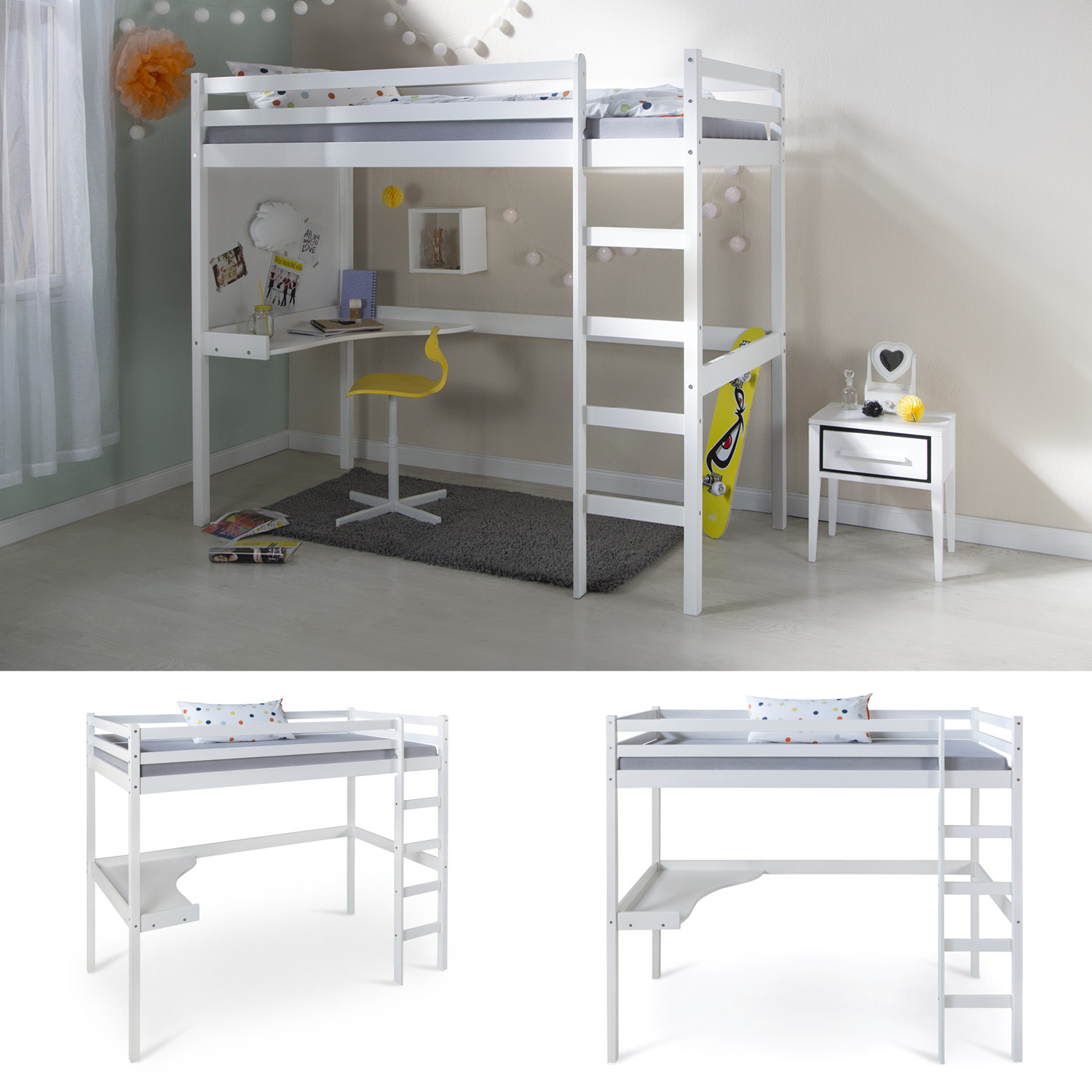 Loft Bed Kids 90x200 cm White | Ladder | Desk Included