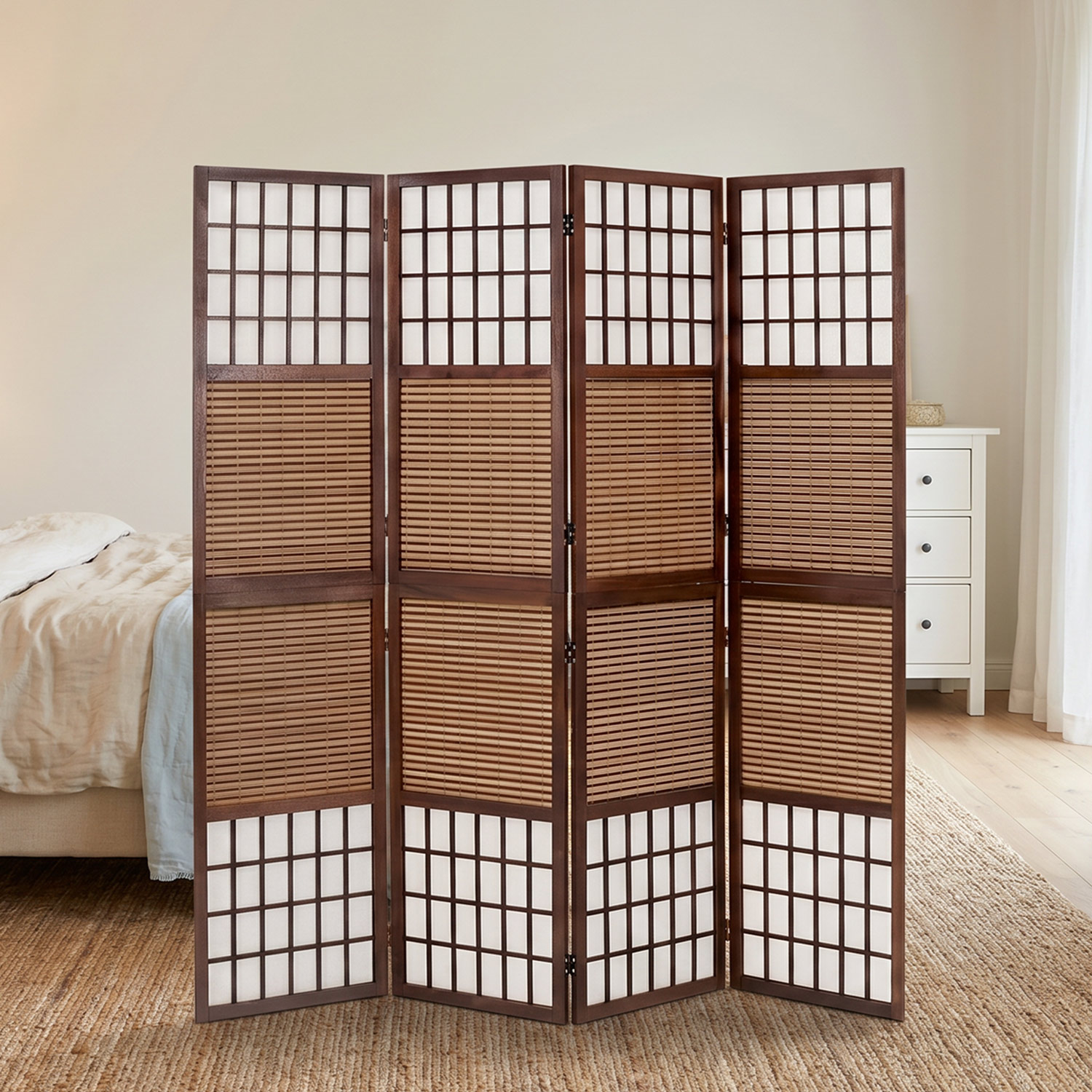 Brown Bamboo & Shoji Screen – 4-panel wooden screen