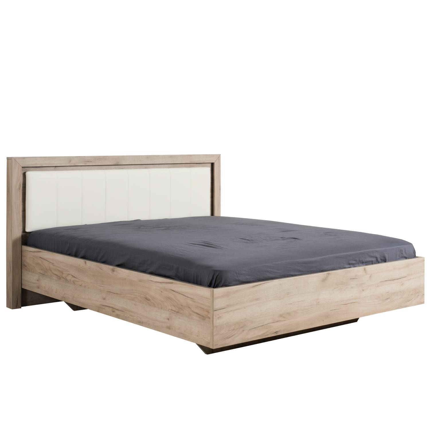 Wooden bed with upholstered headboard 160x200 cm oak und Leder Weiß | with 2 slatted frames | double fabric bed