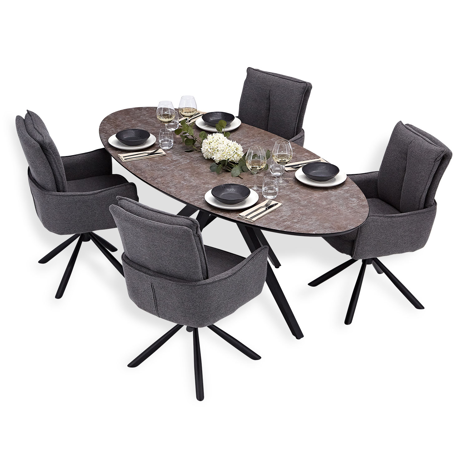 Modern Dining Table Oval Brown Black with 4 Dark Grey Fabric Chairs Dining Room Table 8 Seater Industrial Look