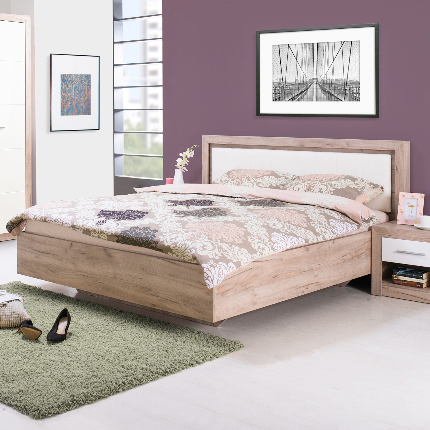 Wooden bed with upholstered headboard 160x200 cm oak und Leder Weiß | with 2 slatted frames | double fabric bed
