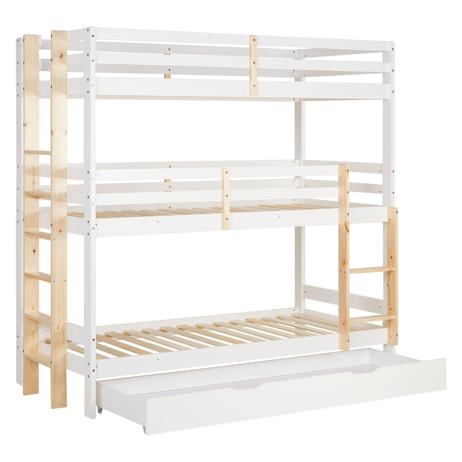Bunk Bed 3 Levels 90x200 cm White | Ladders Natural | with Bed Drawer | with Slatted Frame