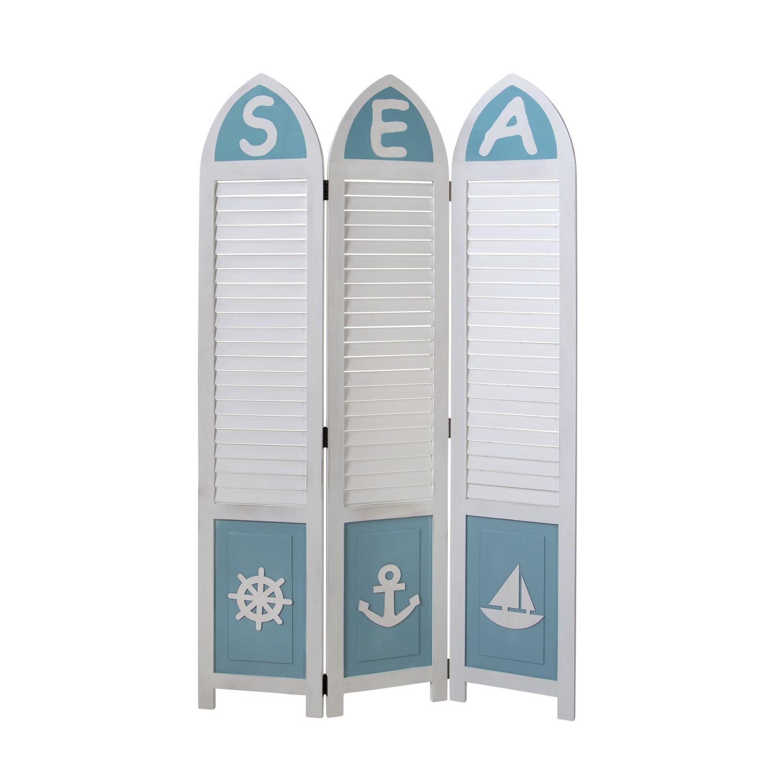 Paravent White Maritime Motifs | 3-panel | Wood | Room Divider Partition Privacy Screen