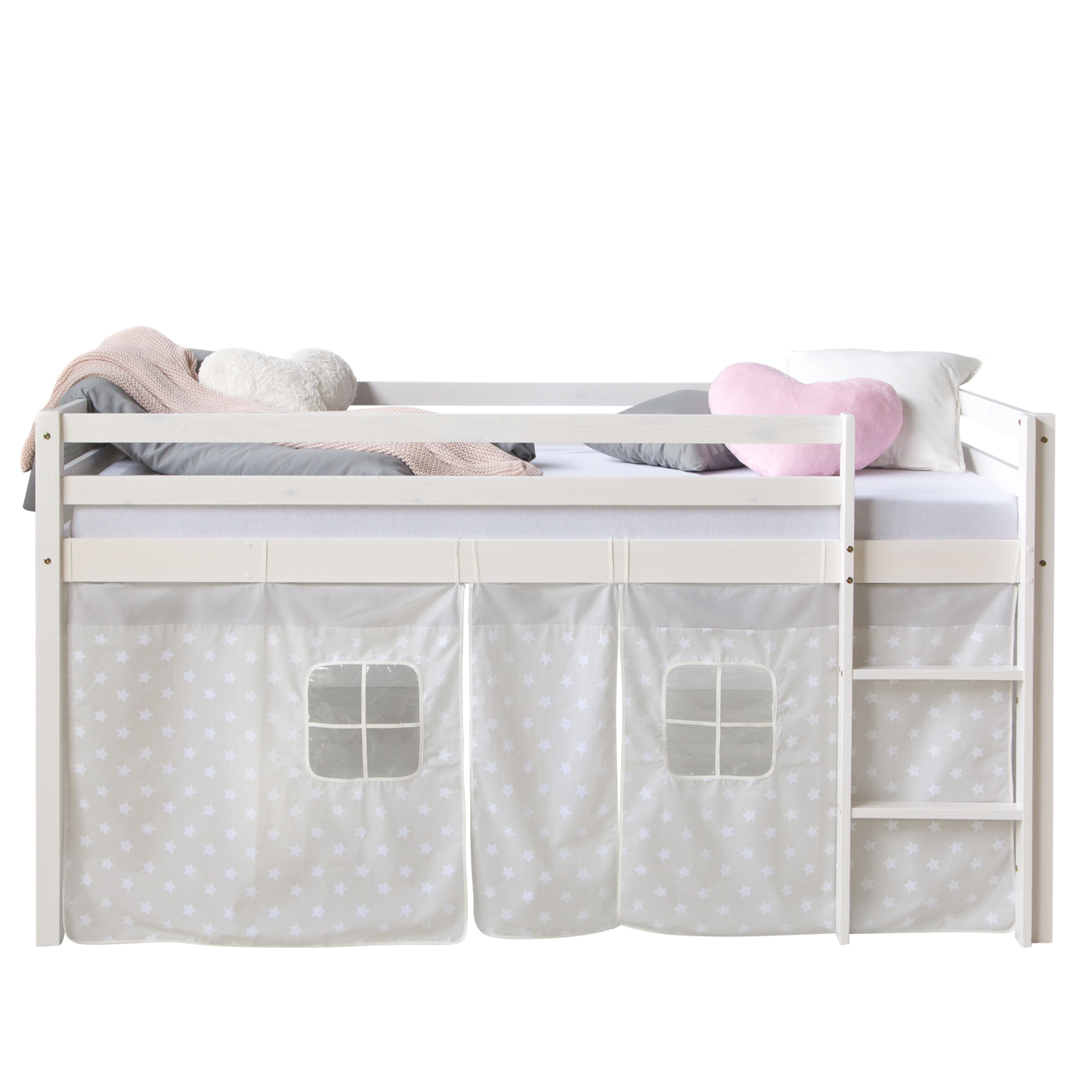 Loft Bed Kids 90x200 cm White with Curtain Stars | without Slatted Frame