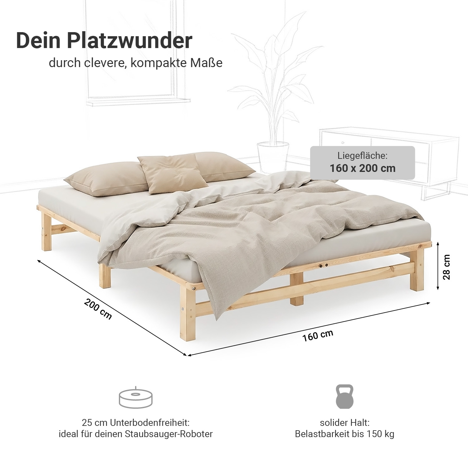 Palettenbett 160x200 cm Natur – Doppelbett aus Holz inkl. Lattenrost für Jugendzimmer, Gästezimmer & Schlafzimmer