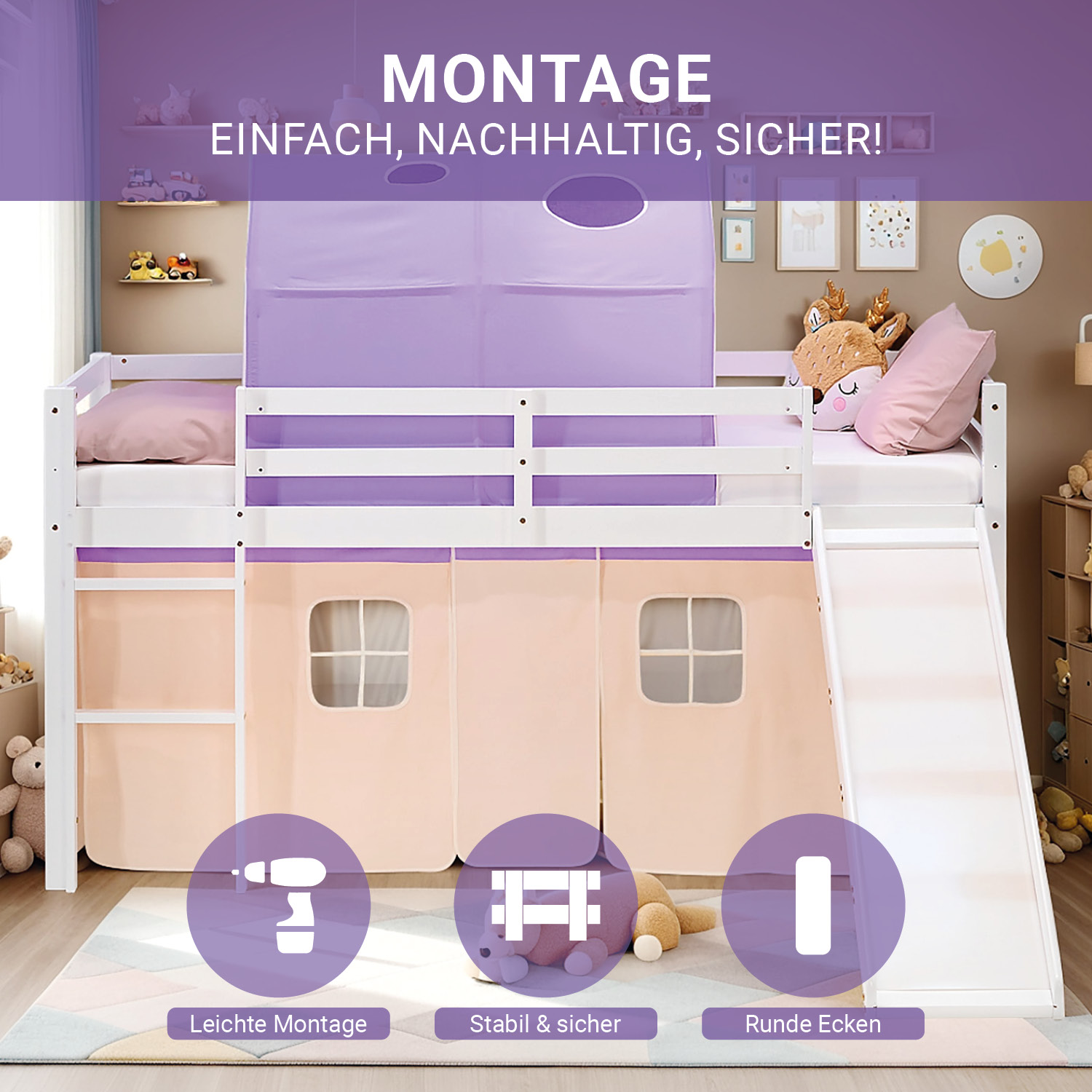 Loft Bed for Kids 90x200 cm White with Curtain & Tunnel in Lilac Beige | Slide | with Slatted Frame and mattress