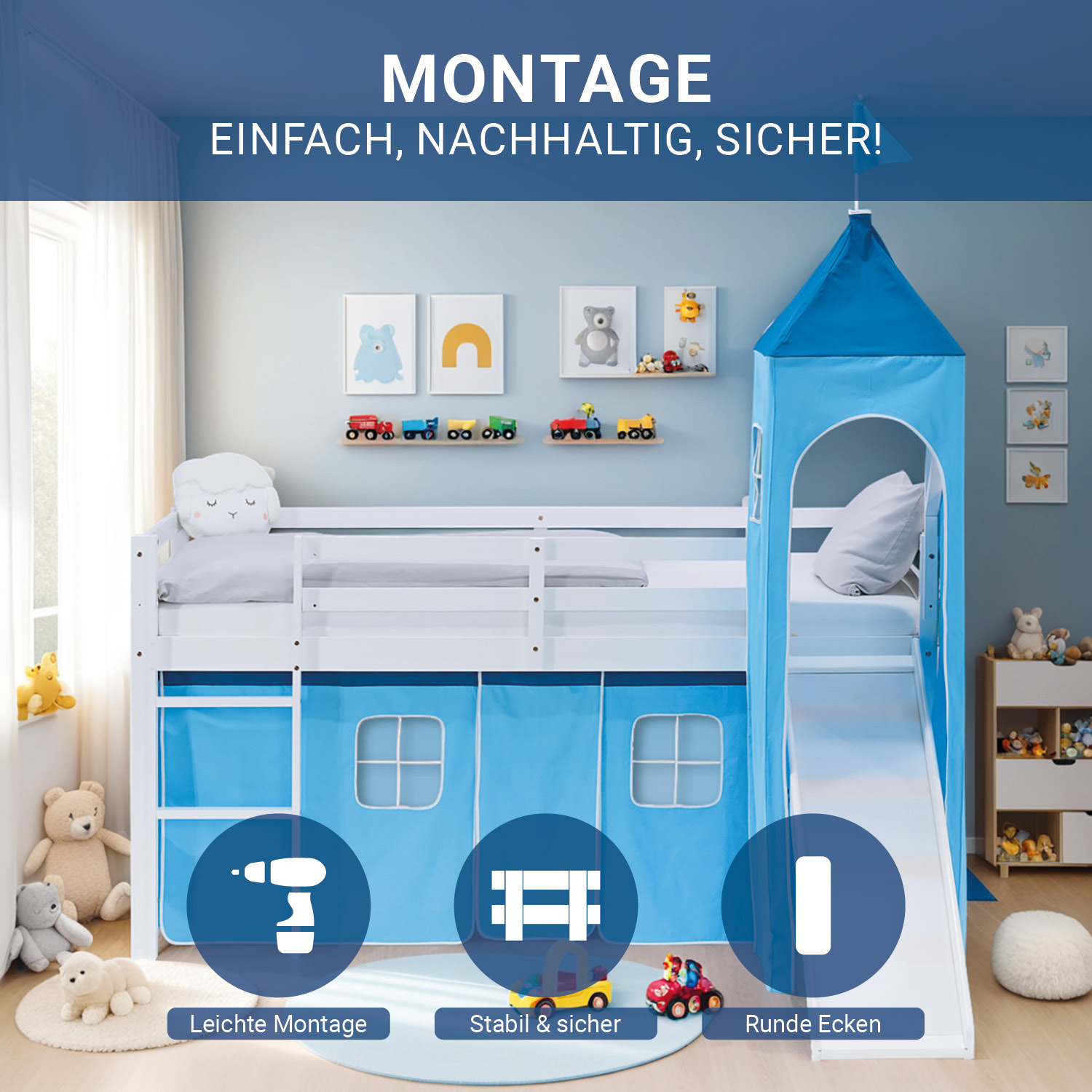 Loft Bed for Kids 90x200 cm White with Curtain in Blue | Slide | Tower | with Slatted Frame