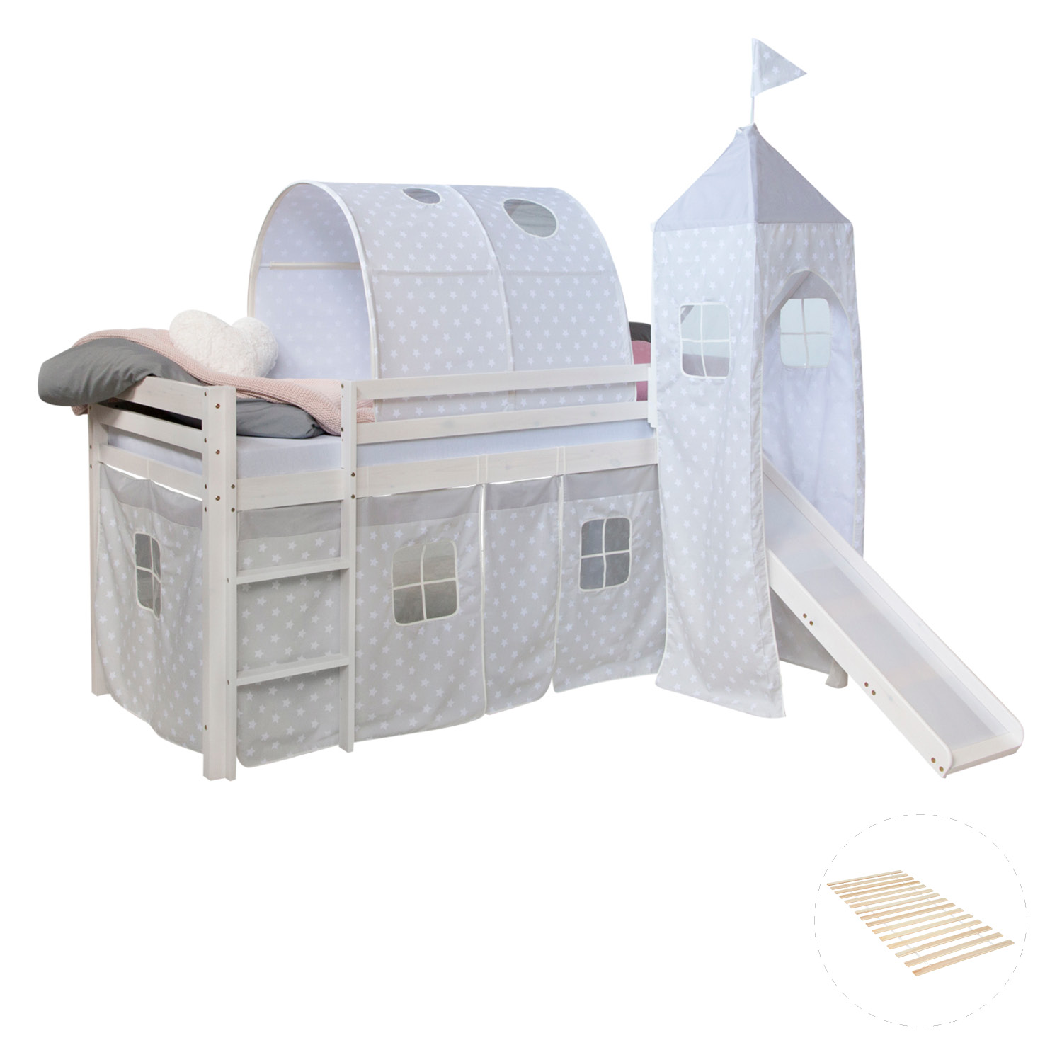 Loft Bed Kids 90x200 cm White with Curtain Stars | Tunnel | Tower | Slide | with Slatted Frame