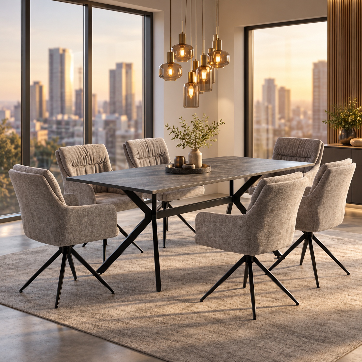 Esstisch mit 4 oder 6 Stühlen Set Essgruppe Polsterstühle Drehbar Grau Esszimmertisch 180x90 cm Metall Schiefer Anthrazit