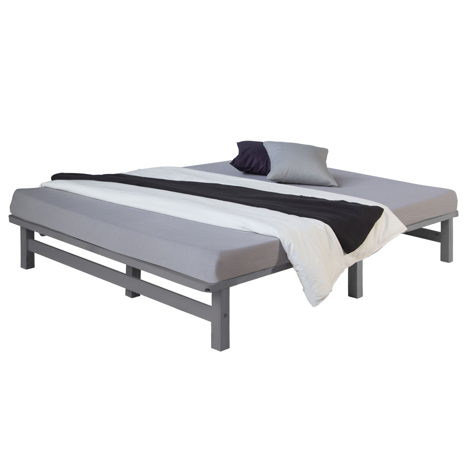 Pallet Bed 140x200 cm Gray | Double Bed | with Slatted Frame | Wood | Kids Youth Guest Bedroom