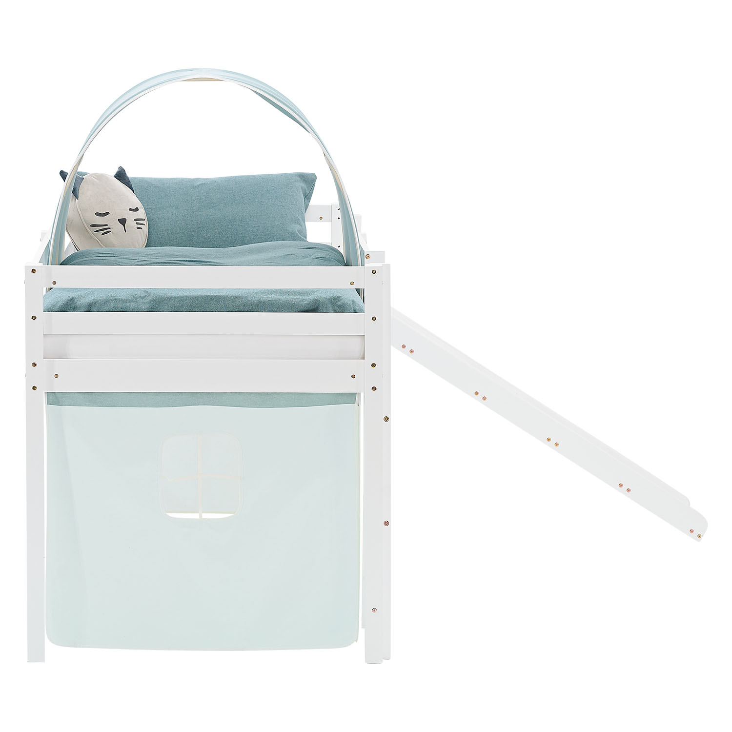 Loft Bed for Kids 90x200 cm White with Curtain & Tunnel in Mint Green | Slide | with Slatted Frame and Mattress