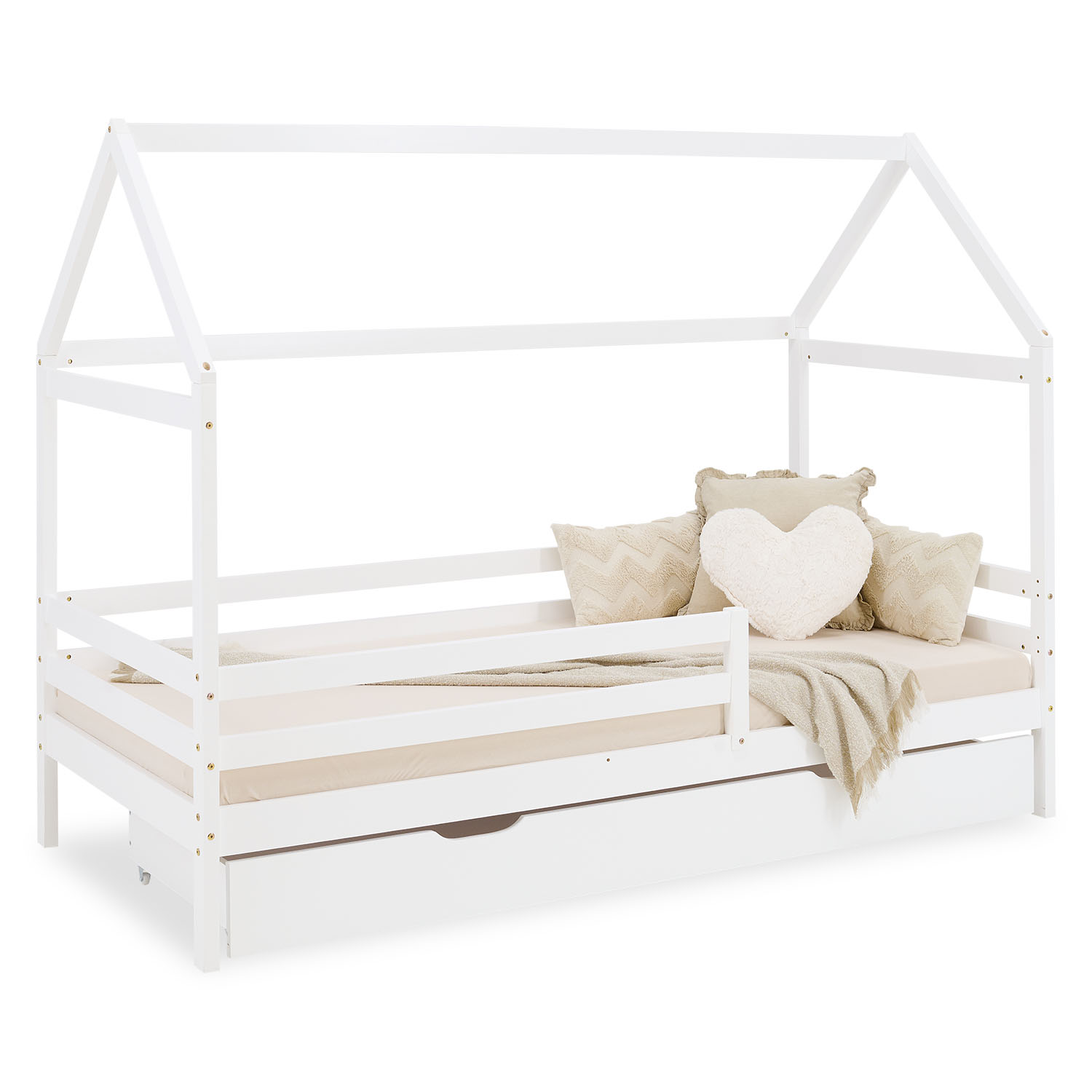 Children's Bed 90x200 cm White | House Bed with Fall Protection and Bed Drawer | Montessori | Single Bed | with Slatted Frame | Wood