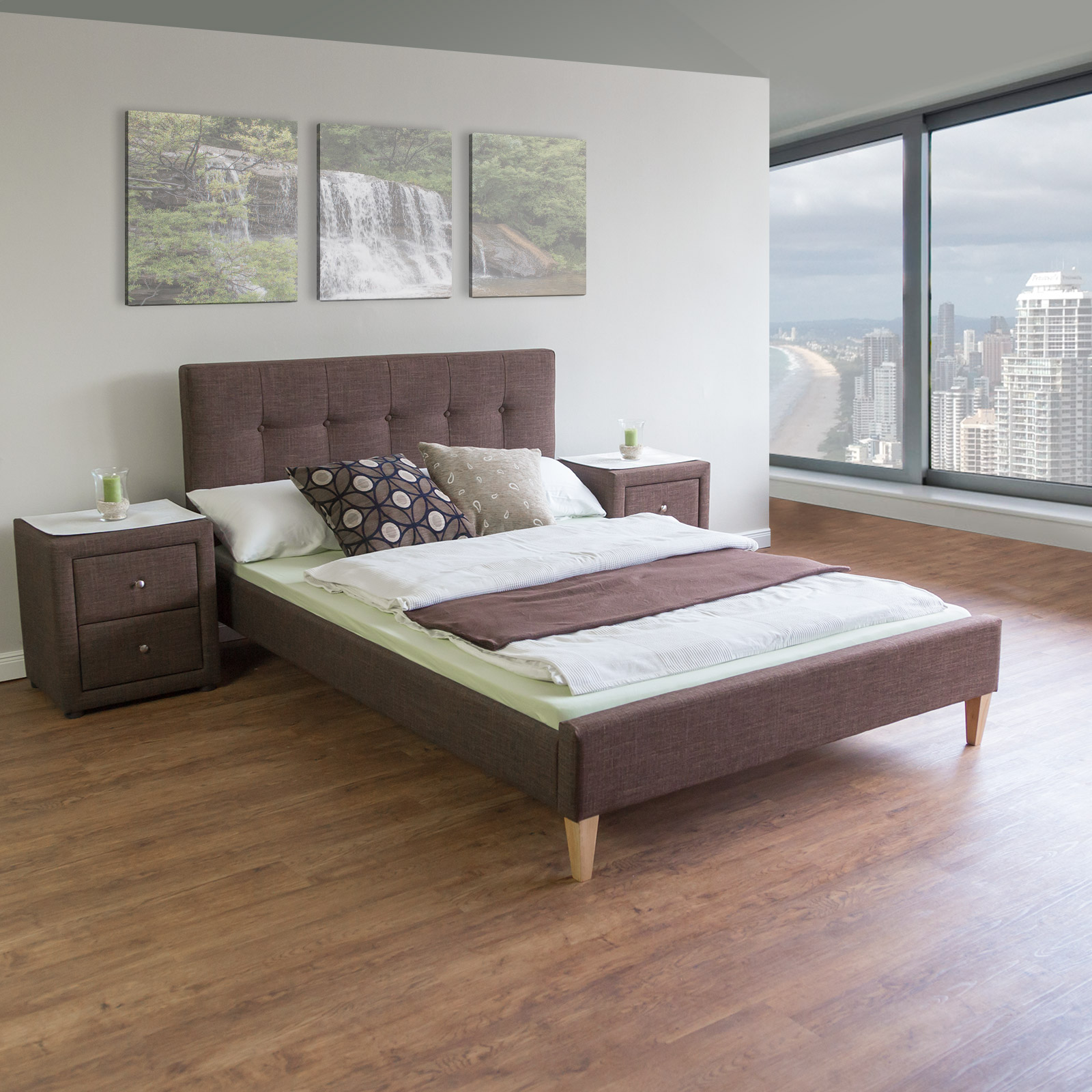 Upholstered bed 140x200 cm brown | futon bed | with slatted frame | double fabric bed frame