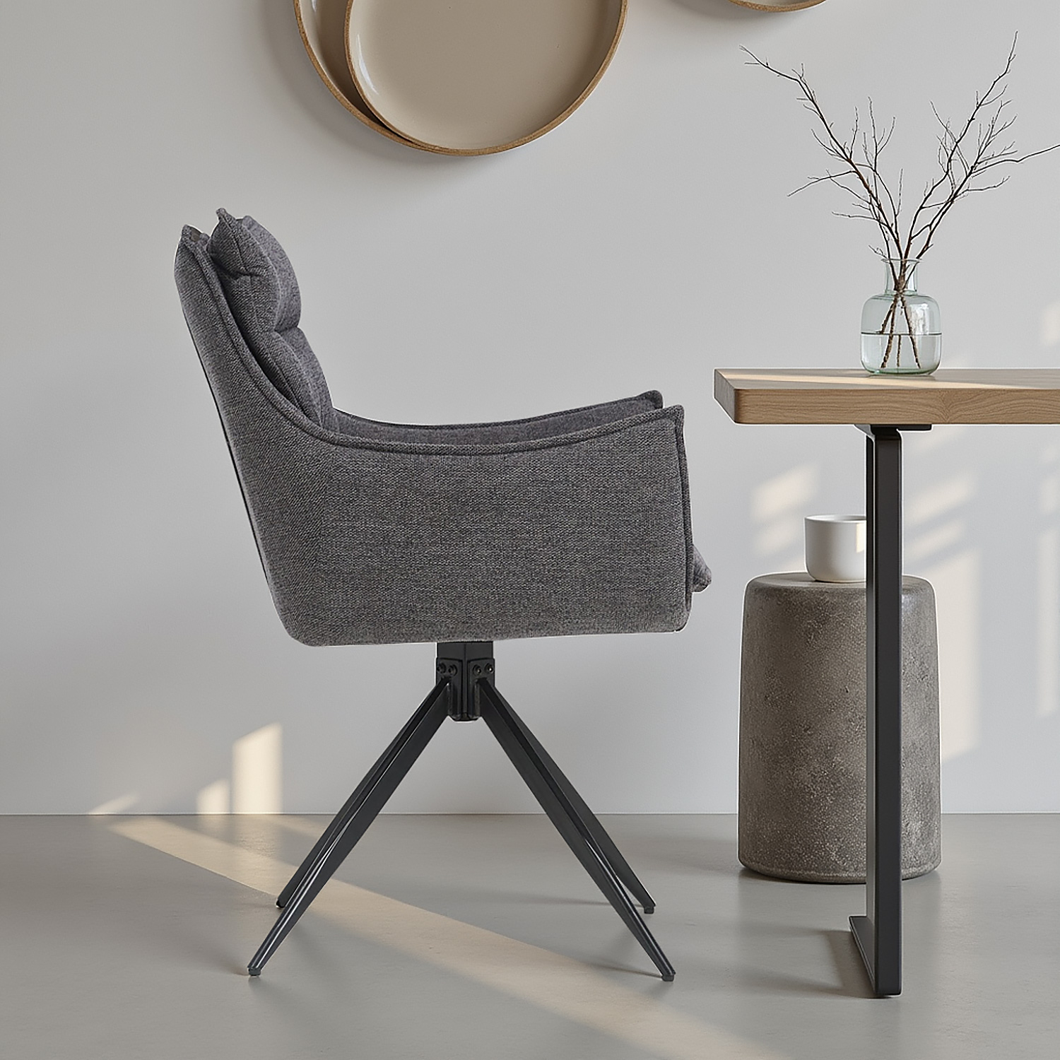 Upholstered Chair Fabric Anthracite | Set of 4 | swivel | with Armrests | Kitchen Dining Room Office