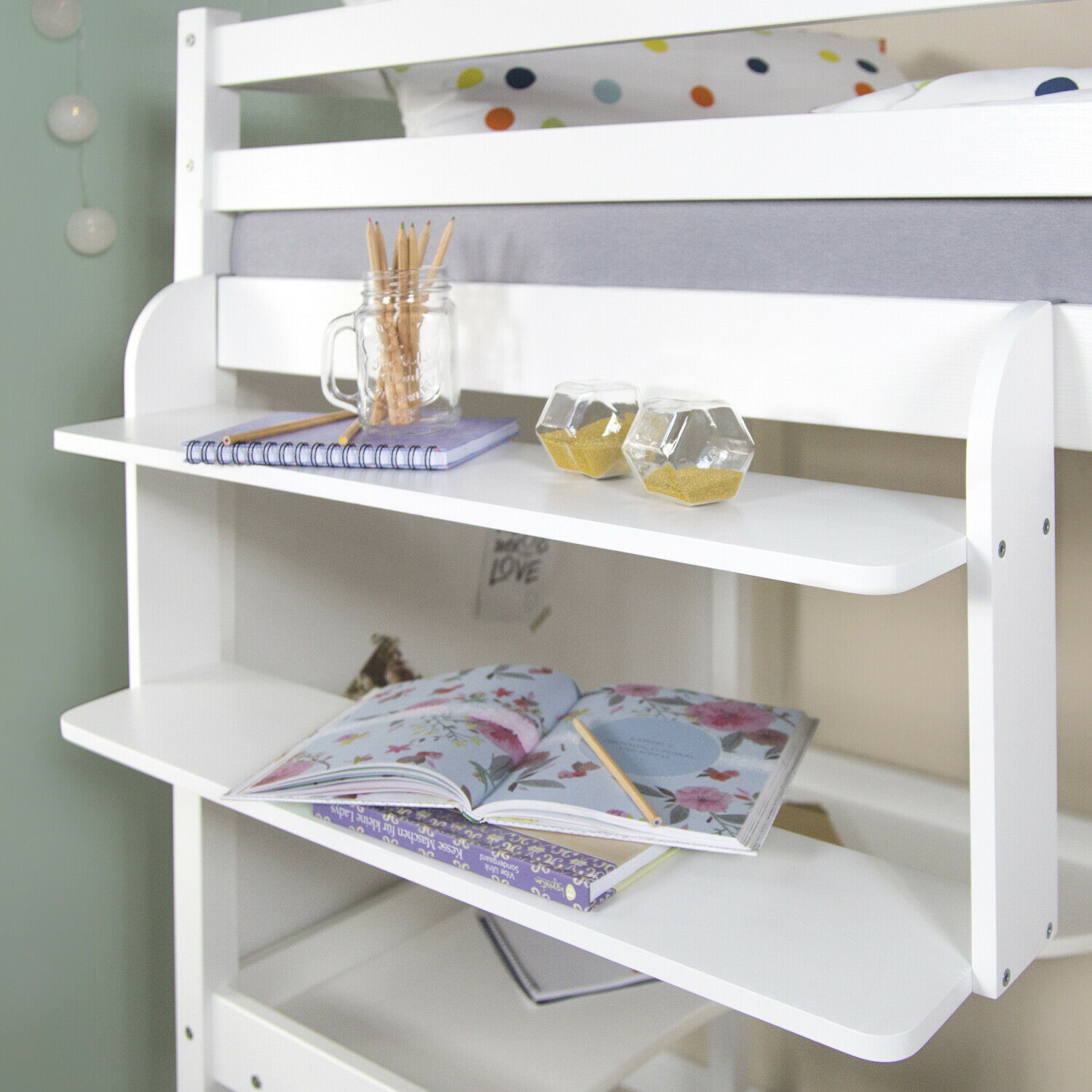Hanging Shelf Bunk Bed Bookshelf Suspended Rack White Wood 2 Shelves