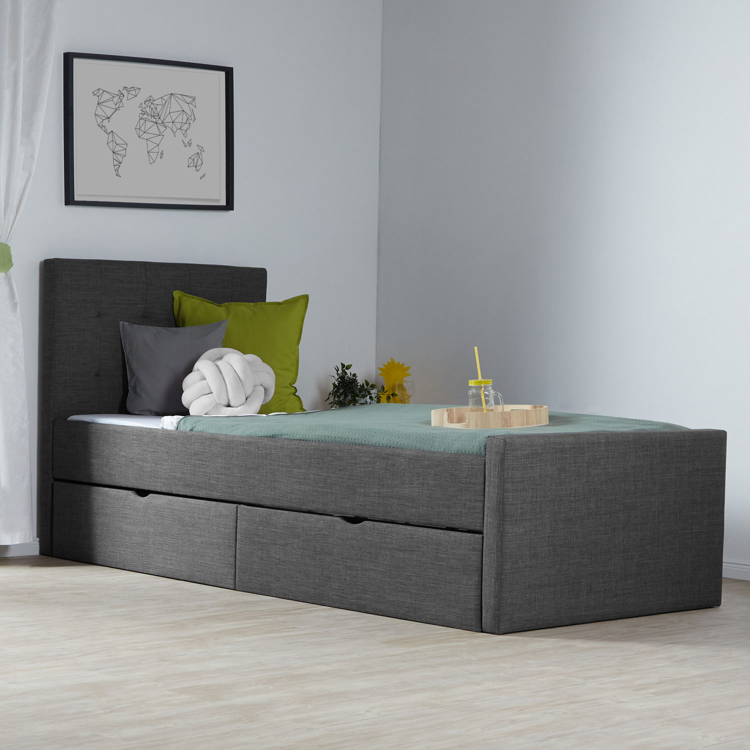 Upholstered bed 90x200 cm grey anthracite | with slatted frame | with 2 bed drawers | single fabric bed frame